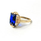 Created Spinel Ring - Retro 10k Yellow Gold Rectangular Faceted Blue Stone - Vintage Circa 1960s Era Size 6 1/2 New Old Stock Fine Jewelry