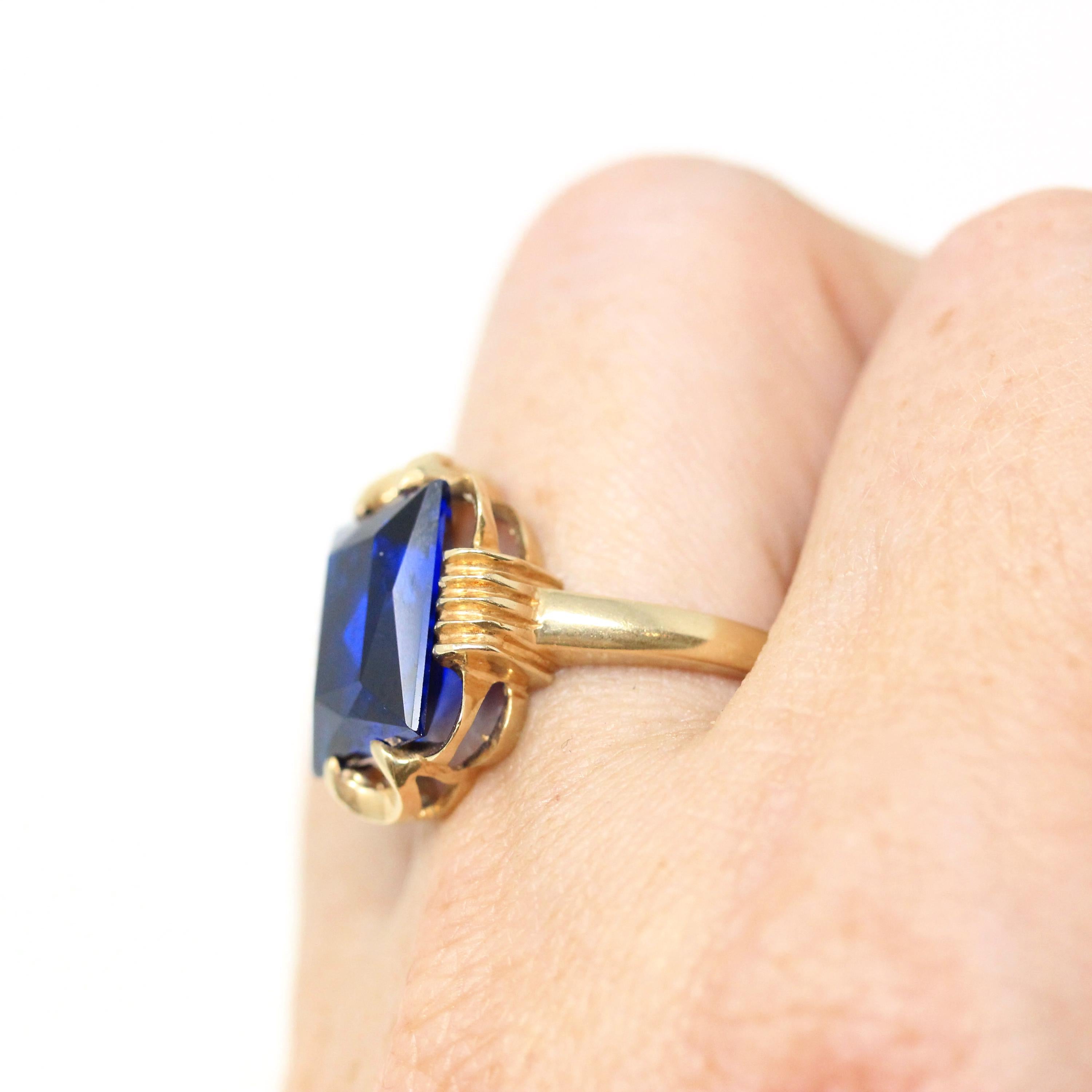 Created Spinel Ring - Retro 10k Yellow Gold Rectangular Faceted Blue Stone - Vintage Circa 1960s Era Size 6 1/2 New Old Stock Fine Jewelry
