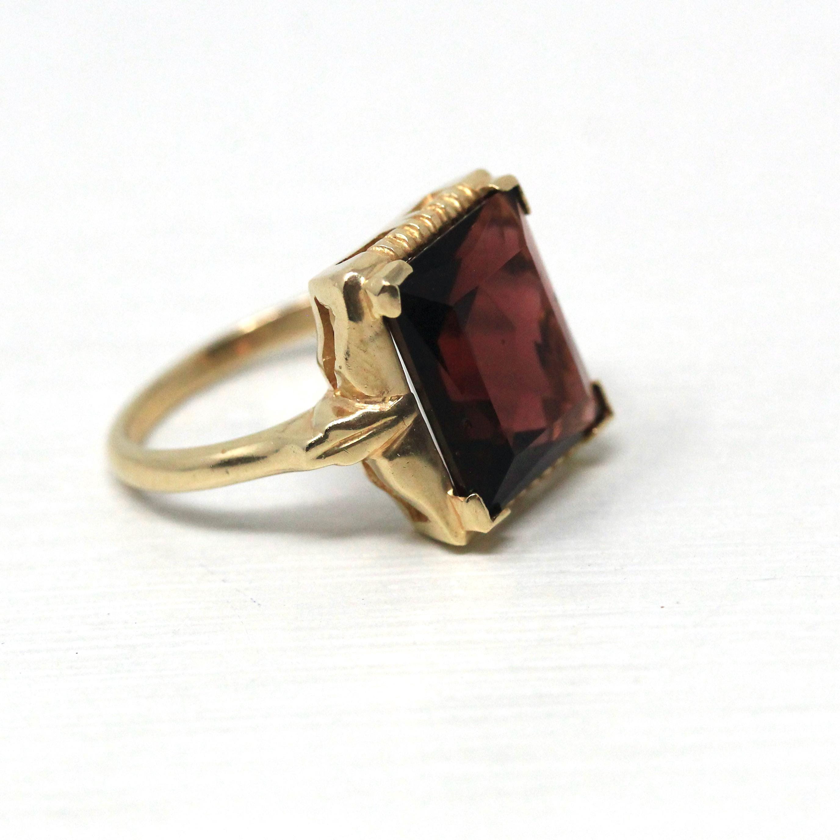 Simulated Amethyst Ring - Retro 10k Yellow Gold Rectangular Faceted Purple Glass Stone - Circa 1940s Era Size 6 Fine New Old Stock Jewelry