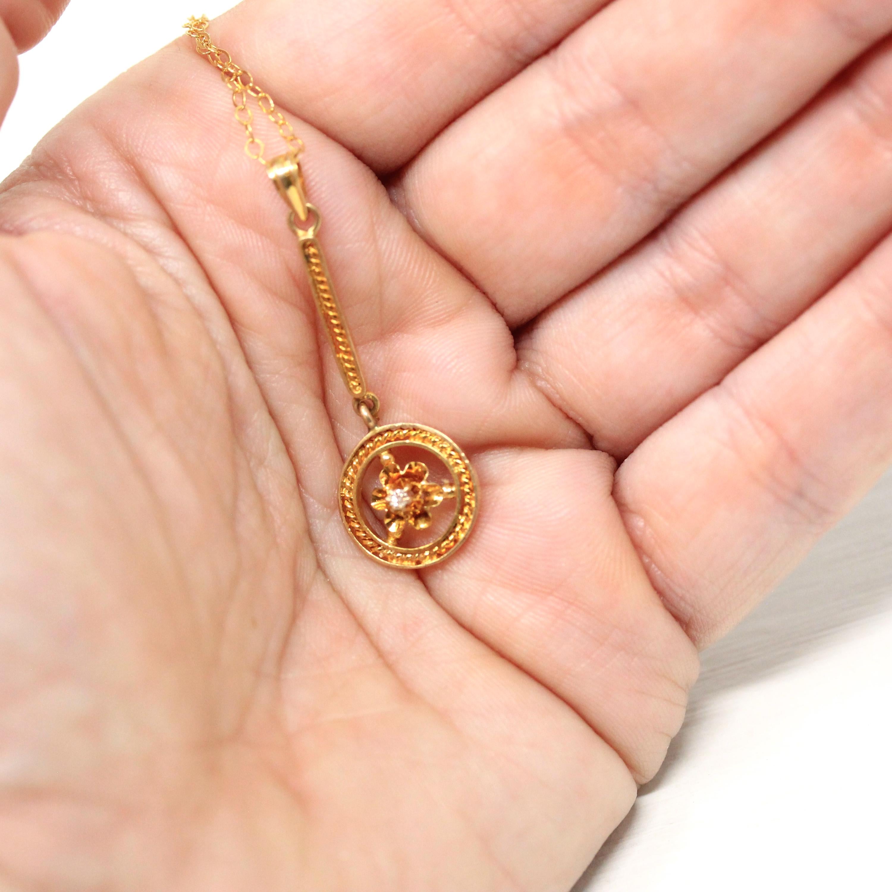 Antique Lavalier Necklace - Edwardian 10k Yellow Gold Genuine Diamond Gemstone Pendant Circa 1910s Rope Style Dainty Buttercup Fine Jewelry