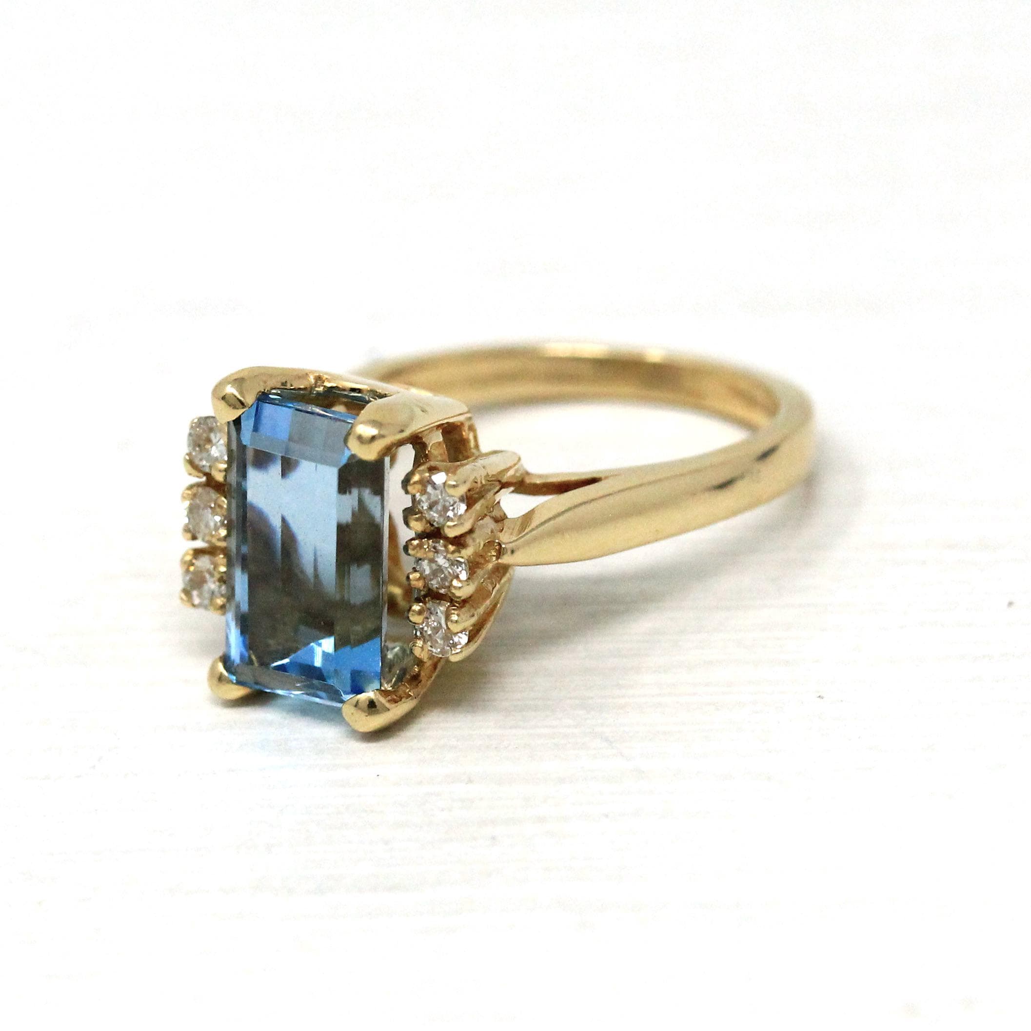 Created Aquamarine & Diamond Ring - Estate 14k Yellow Gold Emerald Cut Blue Stone - Modern 2000s Size 3 3/4 Diamonds Engagement Fine Jewelry