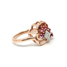 Retro Cocktail Ring - Vintage 14k Rose Gold Created Rubies Natural Diamond Gemstones - Circa 1940s Era Size 7 3/4 Fan Swirl Fine 40s Jewelry
