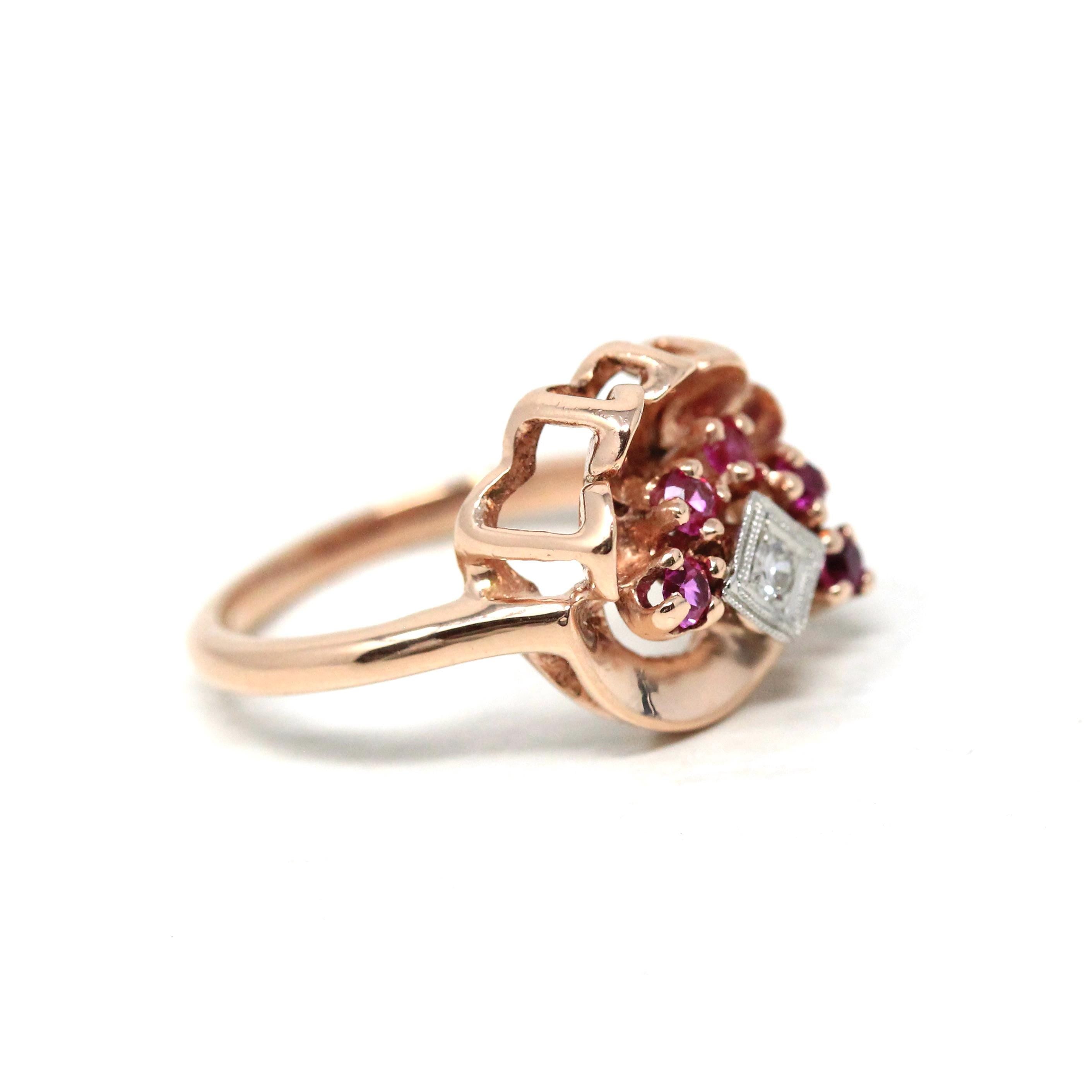Retro Cocktail Ring - Vintage 14k Rose Gold Created Rubies Natural Diamond Gemstones - Circa 1940s Era Size 7 3/4 Fan Swirl Fine 40s Jewelry