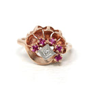 Retro Cocktail Ring - Vintage 14k Rose Gold Created Rubies Natural Diamond Gemstones - Circa 1940s Era Size 7 3/4 Fan Swirl Fine 40s Jewelry