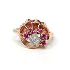 Retro Cocktail Ring - Vintage 14k Rose Gold Created Rubies Natural Diamond Gemstones - Circa 1940s Era Size 7 3/4 Fan Swirl Fine 40s Jewelry