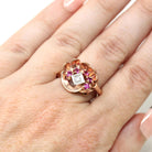 Retro Cocktail Ring - Vintage 14k Rose Gold Created Rubies Natural Diamond Gemstones - Circa 1940s Era Size 7 3/4 Fan Swirl Fine 40s Jewelry