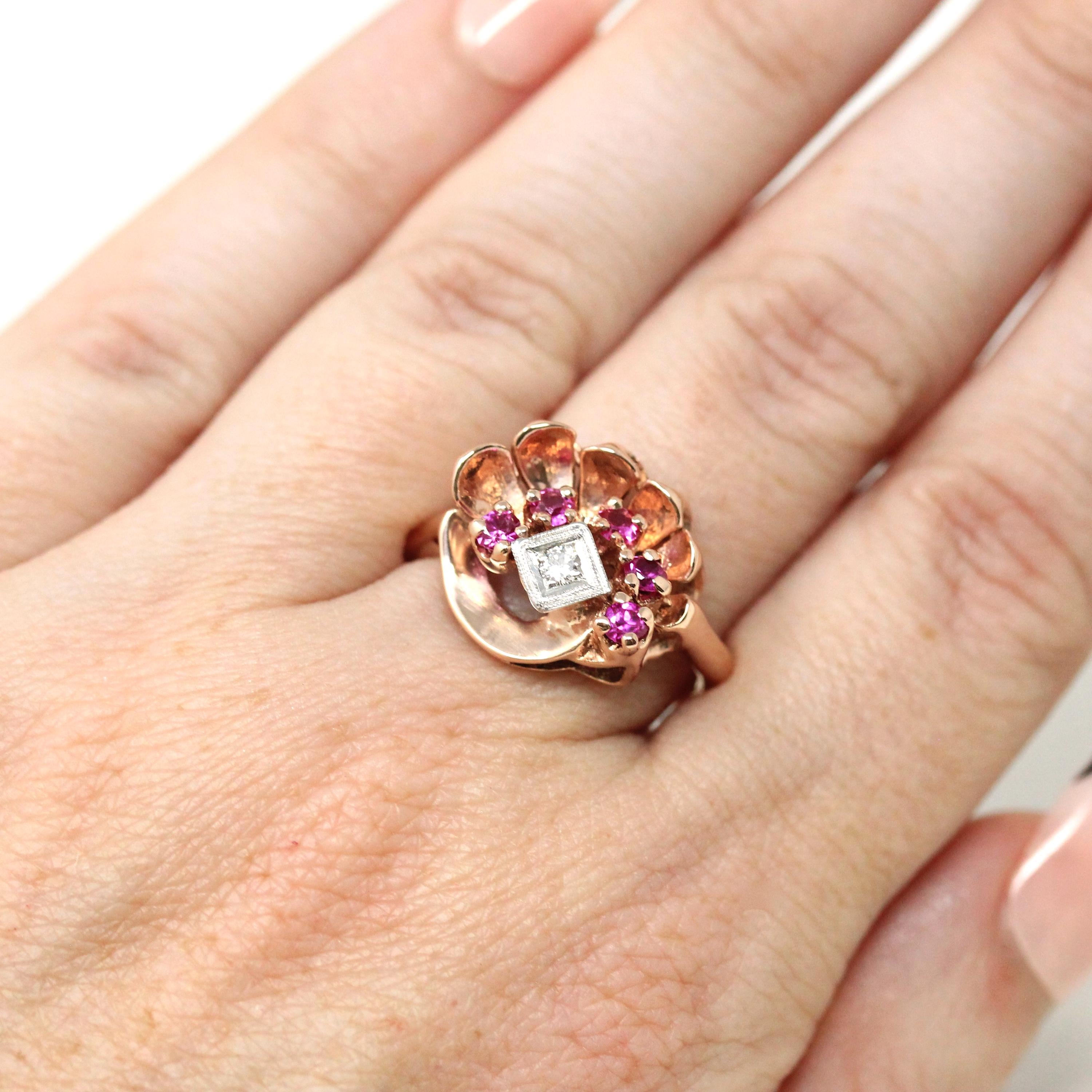 Retro Cocktail Ring - Vintage 14k Rose Gold Created Rubies Natural Diamond Gemstones - Circa 1940s Era Size 7 3/4 Fan Swirl Fine 40s Jewelry