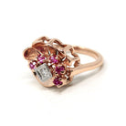 Retro Cocktail Ring - Vintage 14k Rose Gold Created Rubies Natural Diamond Gemstones - Circa 1940s Era Size 7 3/4 Fan Swirl Fine 40s Jewelry