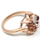 Retro Cocktail Ring - Vintage 14k Rose Gold Created Rubies Natural Diamond Gemstones - Circa 1940s Era Size 7 3/4 Fan Swirl Fine 40s Jewelry