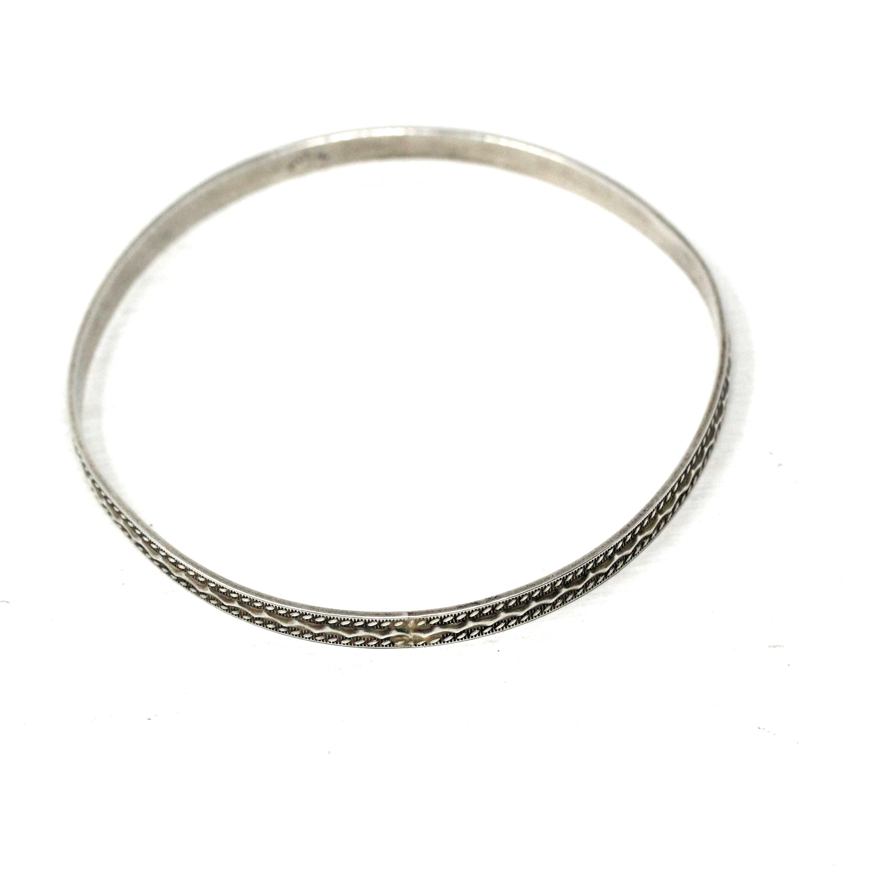 Vintage Sterling Silver Bracelet - Retro Engraved Eternity Designs Skinny Bangle - Circa 1960s Era Statement Stacking Accessory 60s Jewelry