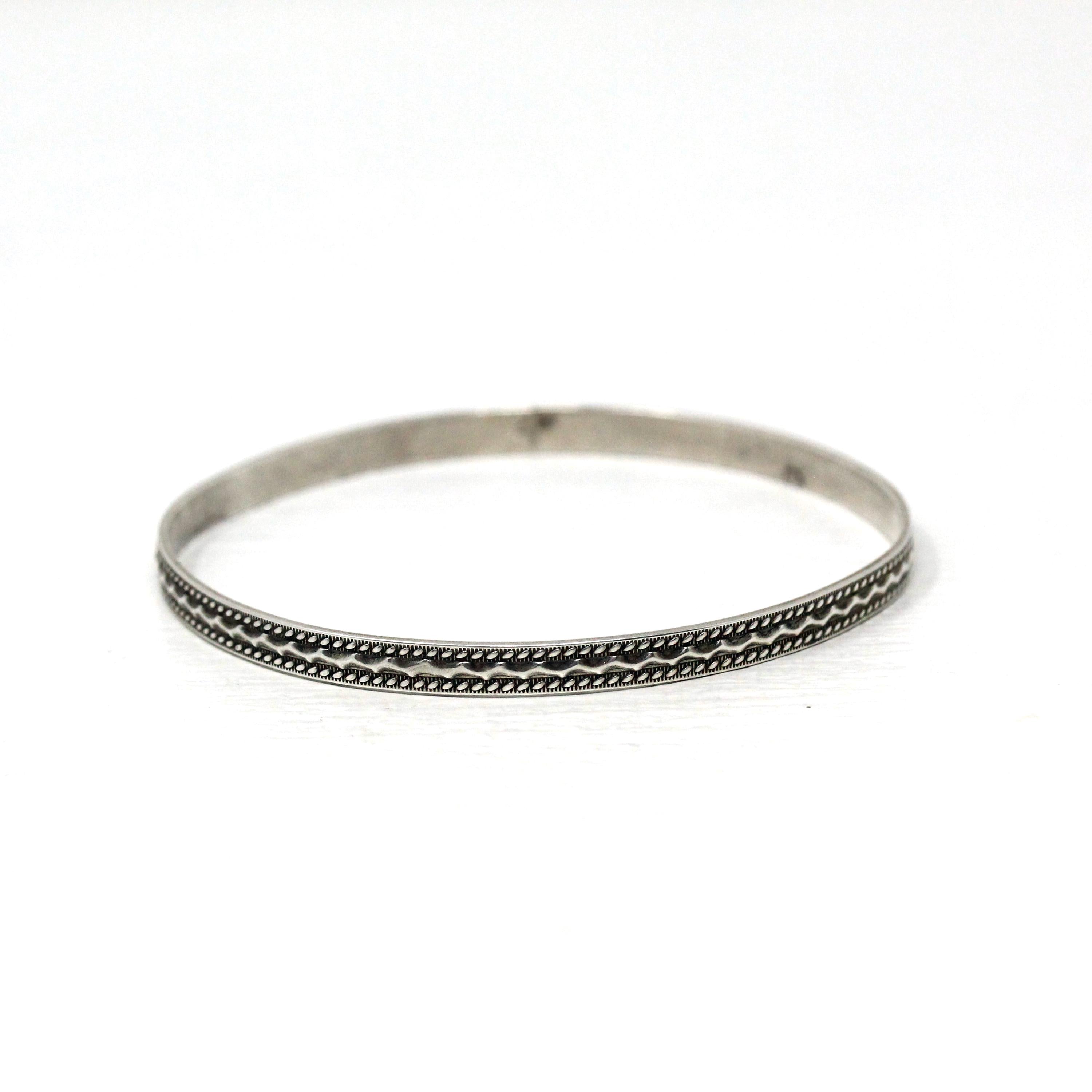 Vintage Sterling Silver Bracelet - Retro Engraved Eternity Designs Skinny Bangle - Circa 1960s Era Statement Stacking Accessory 60s Jewelry