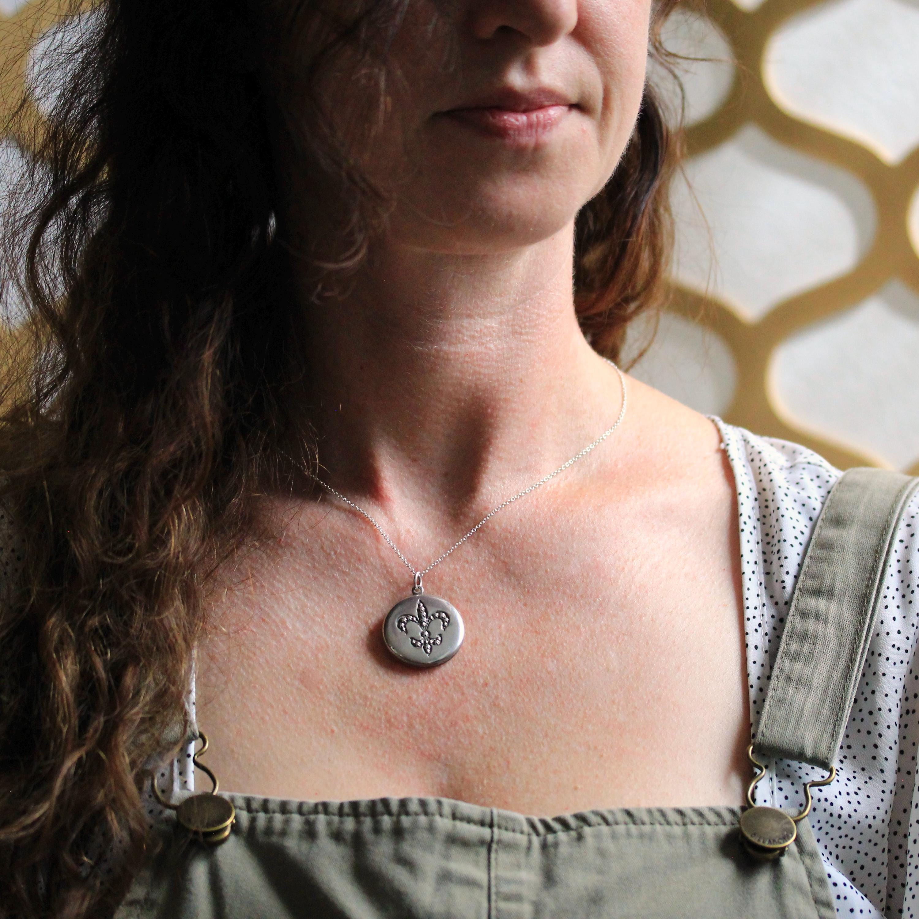 Fleur De Lis Locket - Antique Sterling Silver Locket Pendant Necklace - Edwardian Circa 1910s French Lily Statement Engraved Photos Jewelry