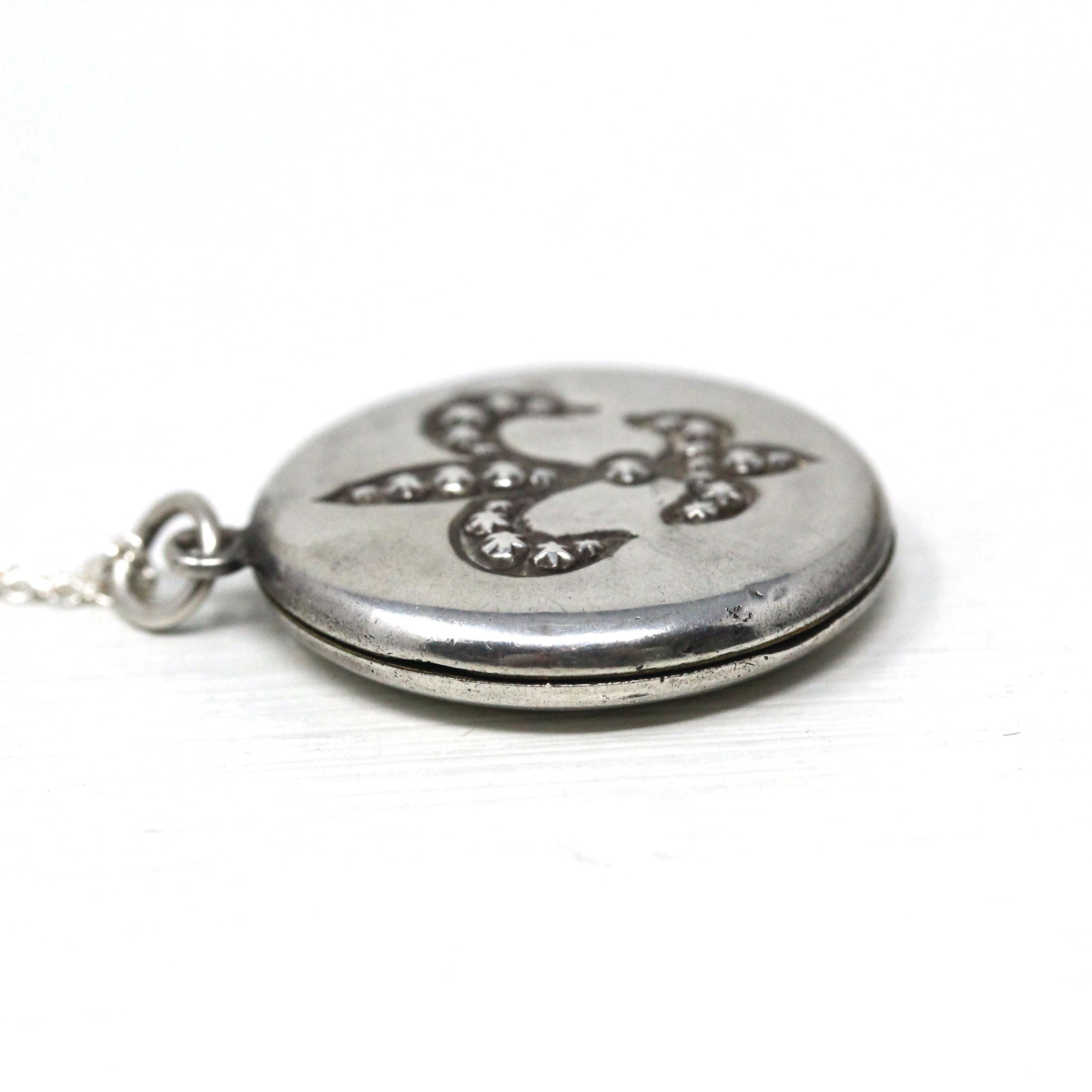 Fleur De Lis Locket - Antique Sterling Silver Locket Pendant Necklace - Edwardian Circa 1910s French Lily Statement Engraved Photos Jewelry