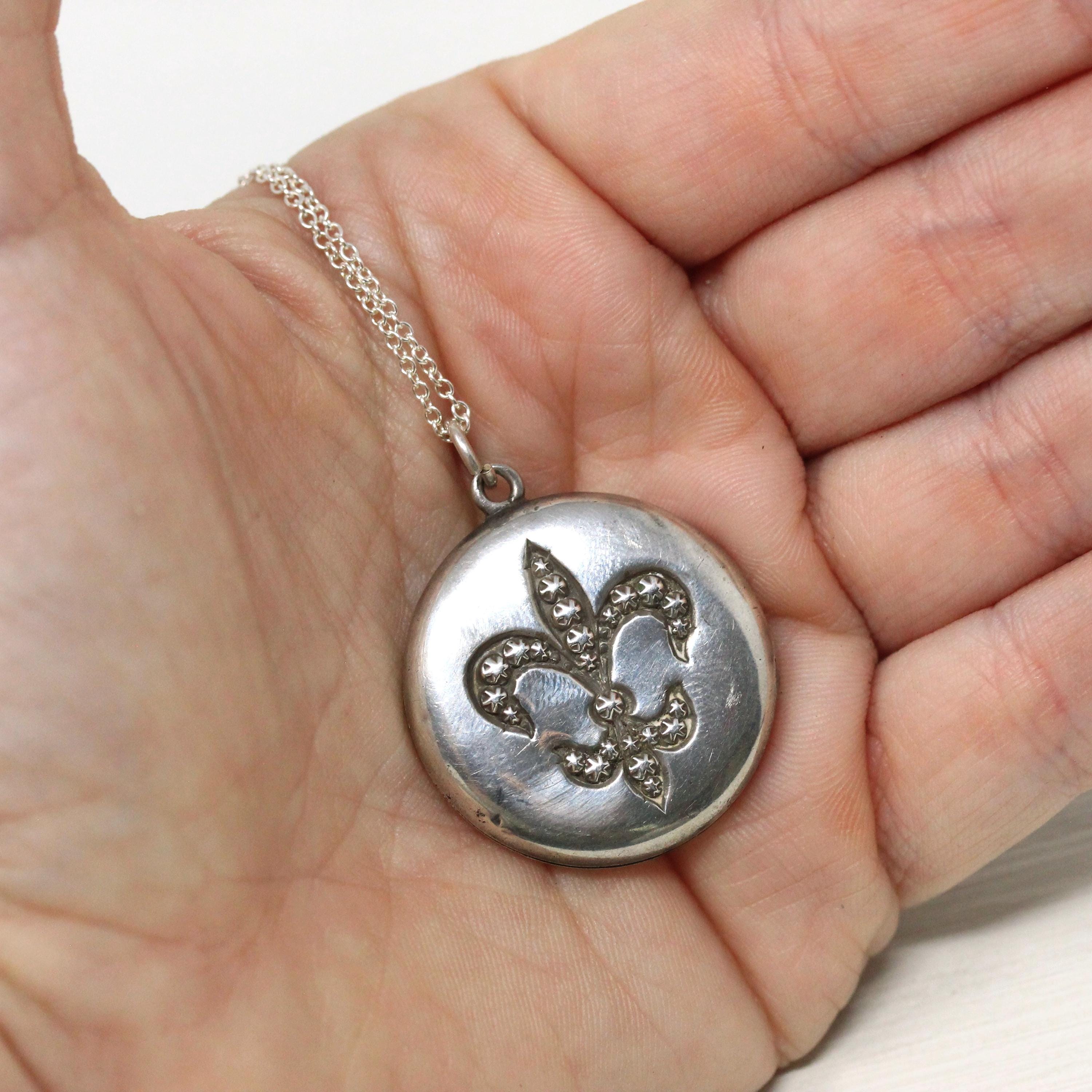 Fleur De Lis Locket - Antique Sterling Silver Locket Pendant Necklace - Edwardian Circa 1910s French Lily Statement Engraved Photos Jewelry
