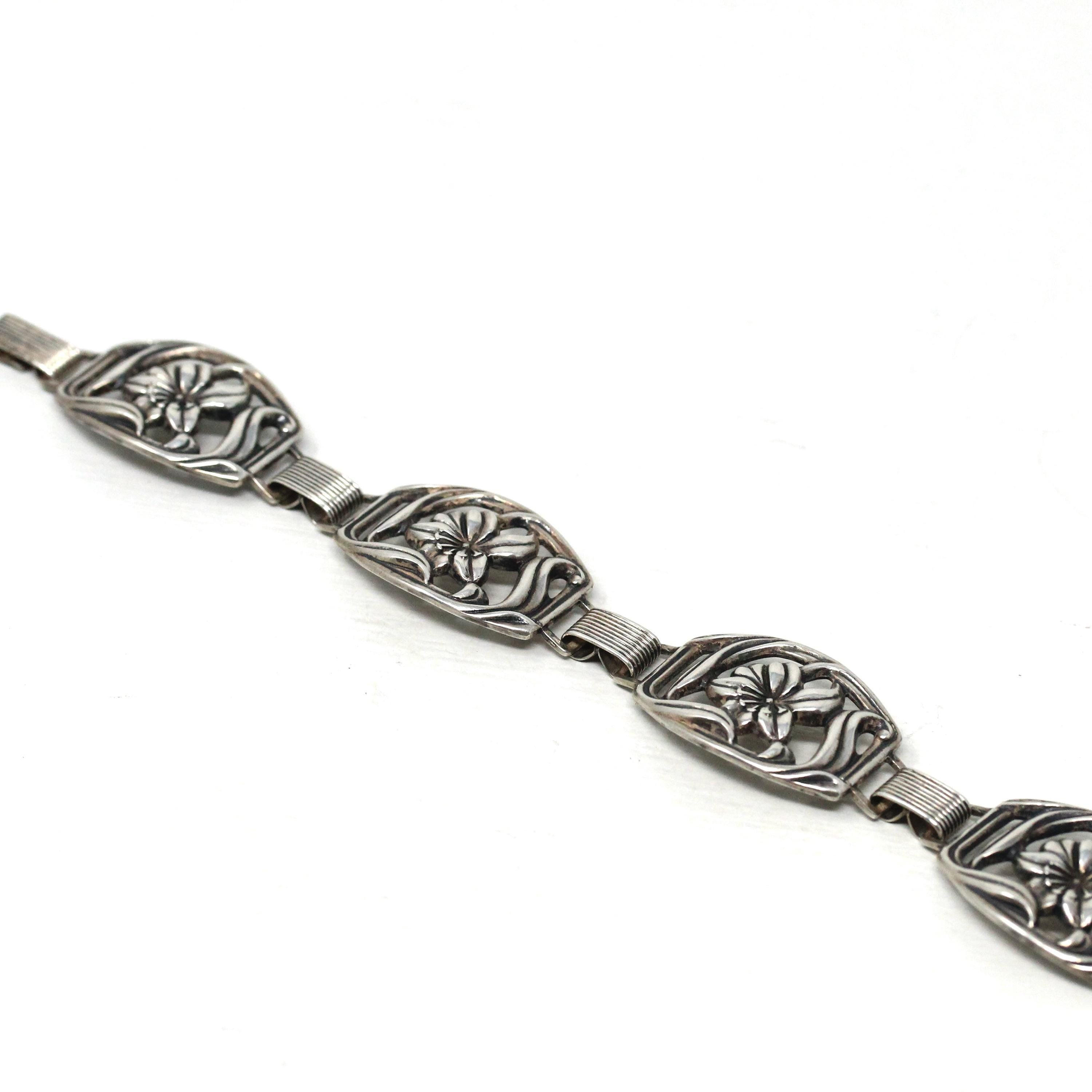 Vintage Flower Bracelet - Retro Sterling Silver Floral Nature Inspired Panel Clasp Statement - Circa 1960s Era Fashion Accessory 60s Jewelry