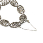 Art Deco Bracelet - Vintage Sterling Silver Open Metal Sparkling Marcasite Panels - Circa 1930s Era Filigree Fashion Accessory 30s Jewelry