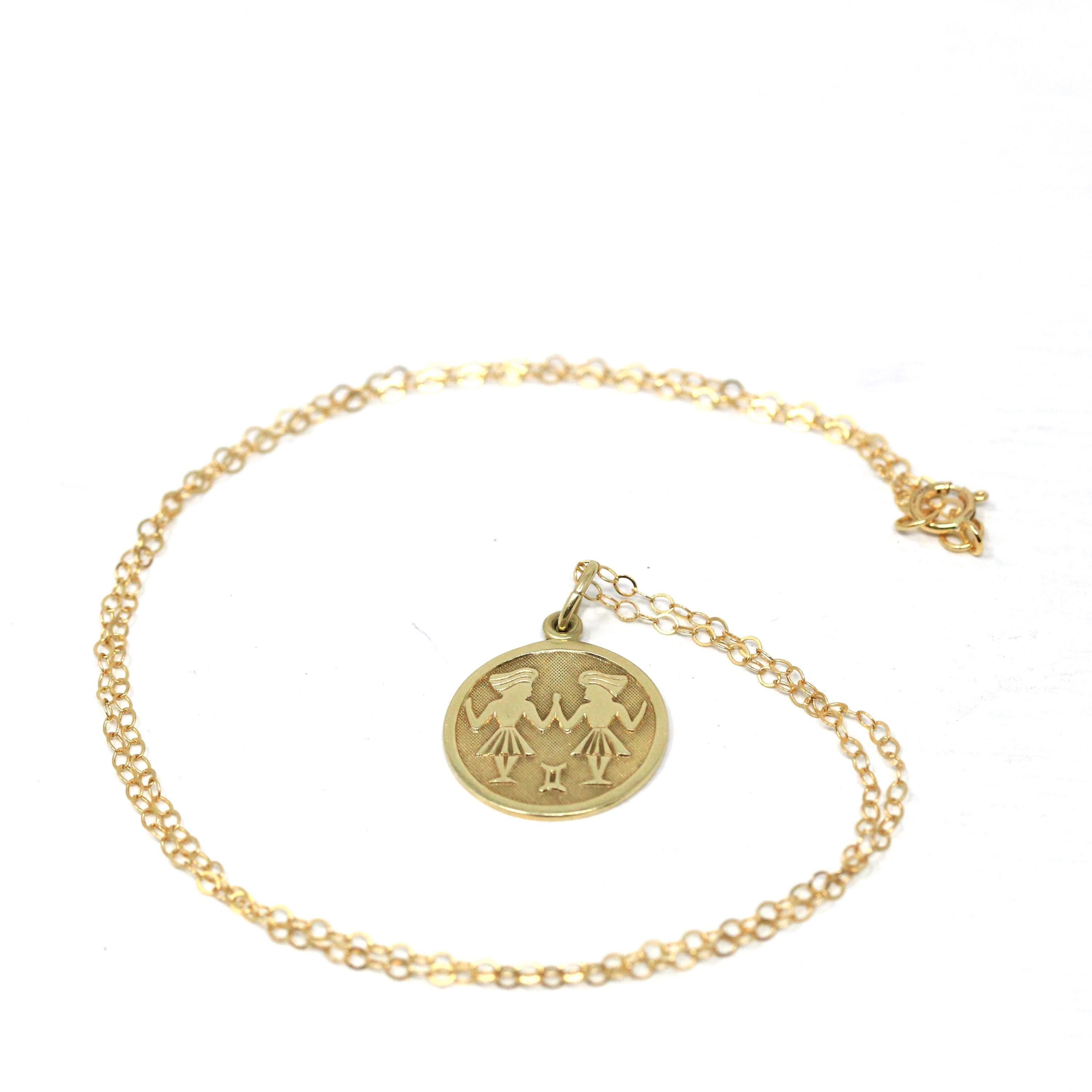 Estate Gemini Charm - Modern 14k Yellow Gold The Twins Air Element Pendant Necklace - Circa 1990s Era Dainty Petite Zodiac Fine 90s Jewelry