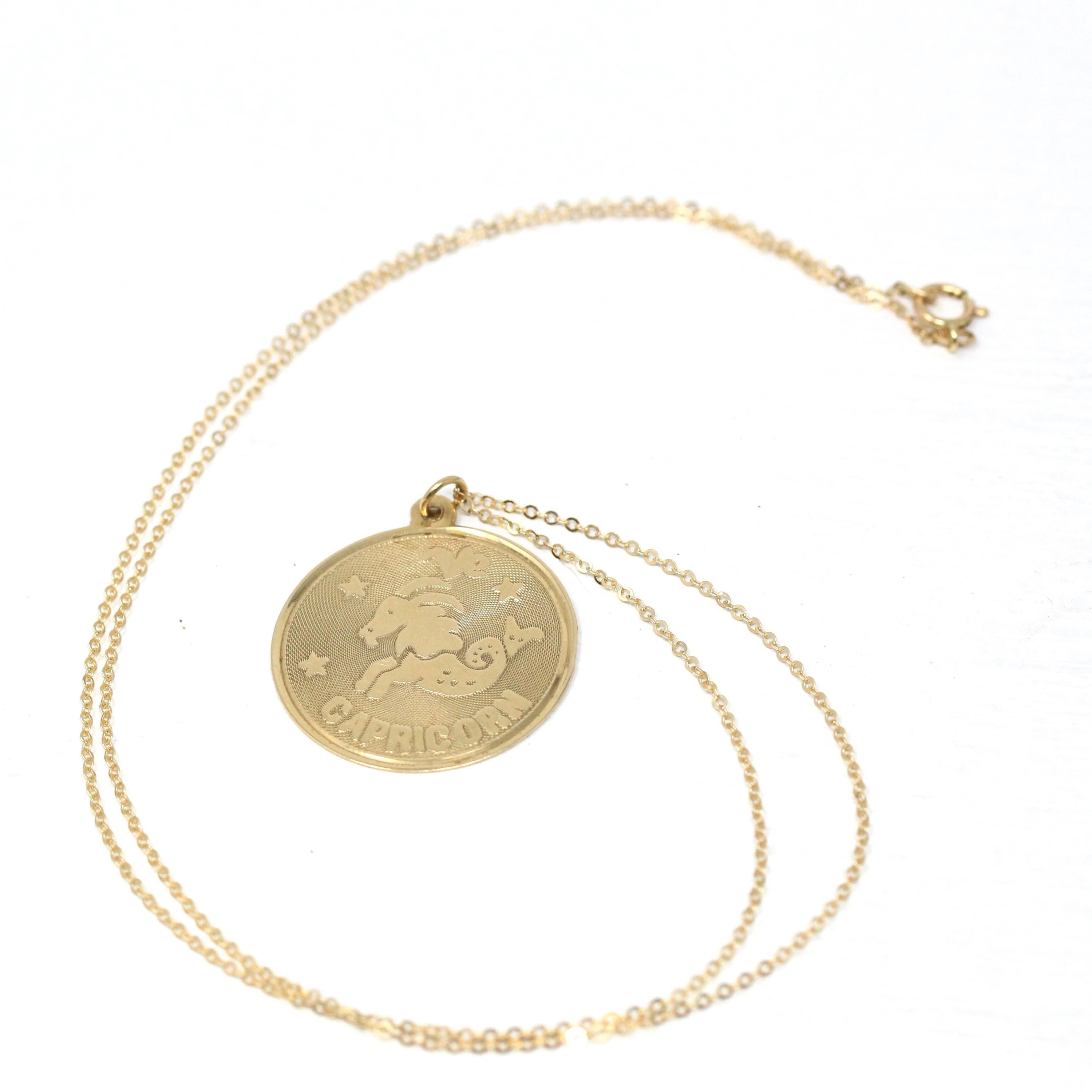 Vintage Capricorn Necklace - Retro 14k Yellow Gold Sea Goat Astrological Sign Pendant - Dated Christmas 1977 Zodiac Earth Element Jewelry