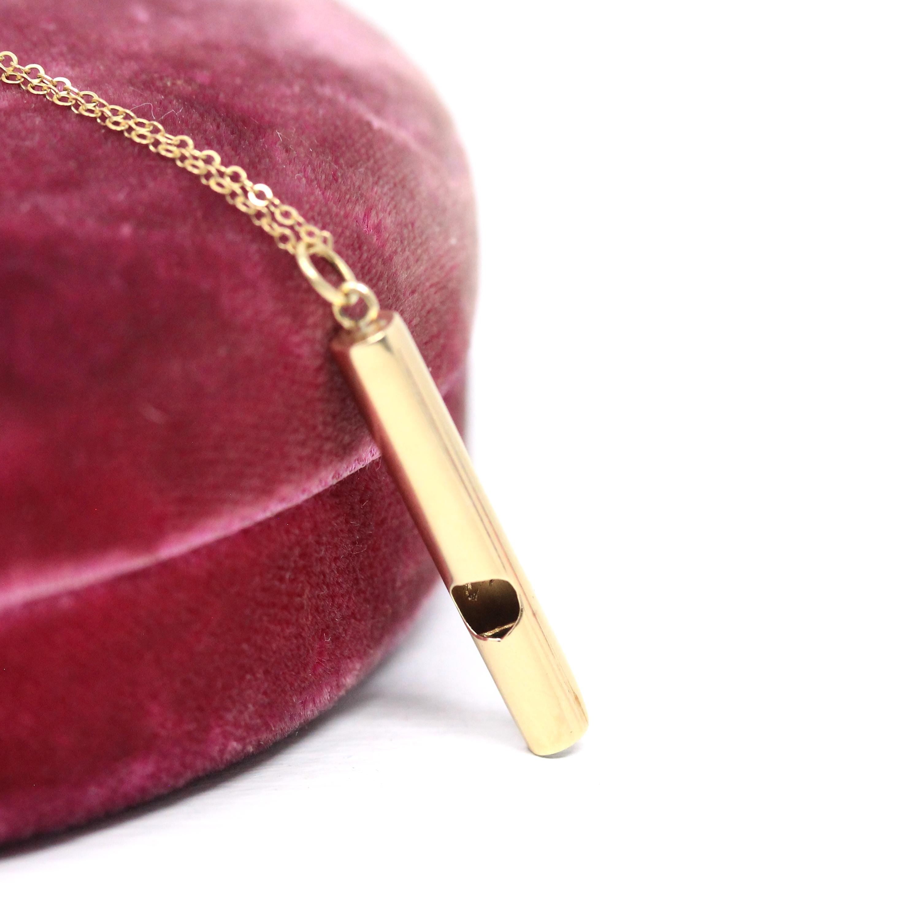 Dainty Whistle Necklace - Modern 14k Yellow Gold Flute Pipe Charm Pendant - Estate Small Recorder Functional Instrument Fob Fine Jewelry