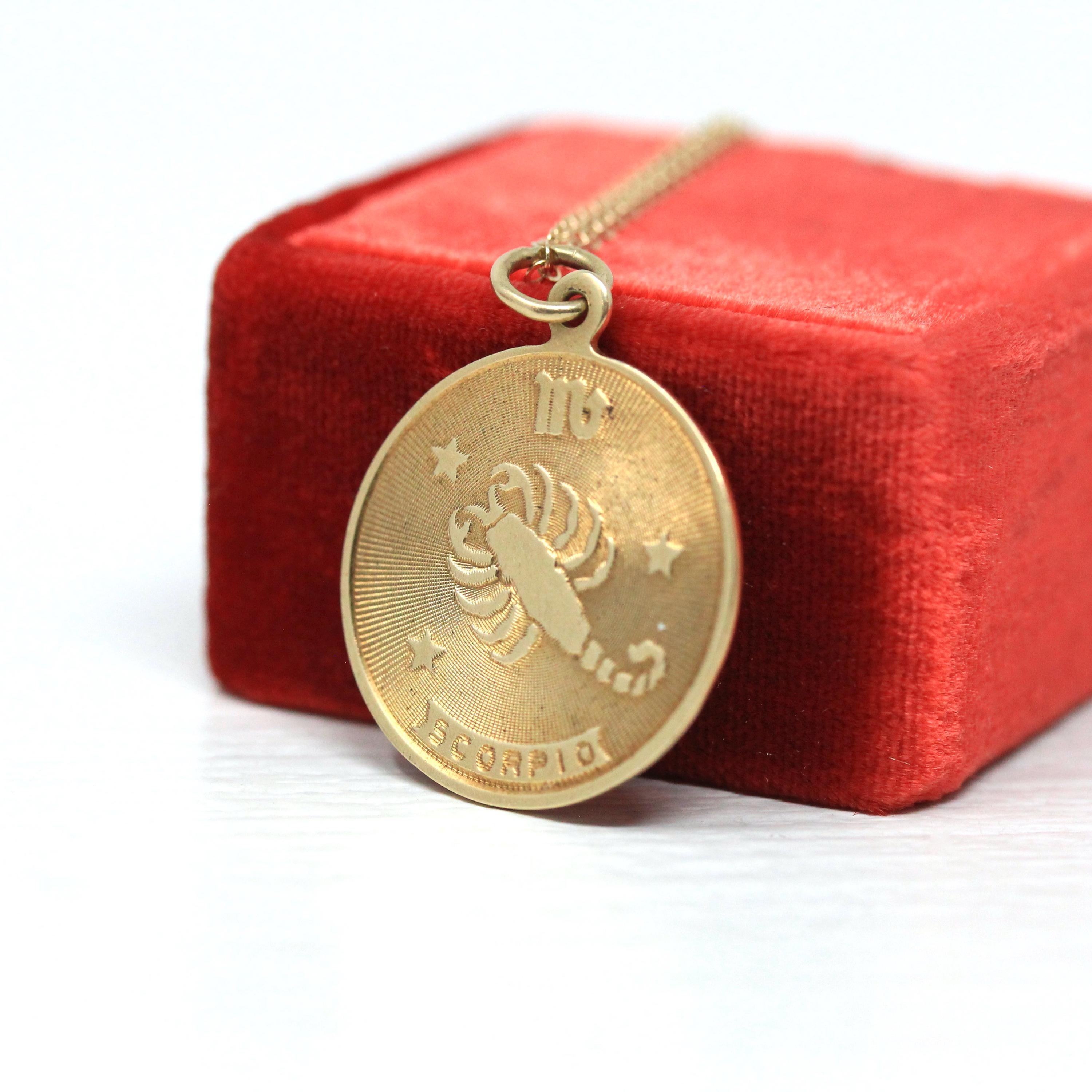 Vintage Scorpio Pendant - Retro 14k Yellow Gold Scorpion Astrological Sign Charm Necklace - Circa 1970s Zodiac Water Element Fine Jewelry