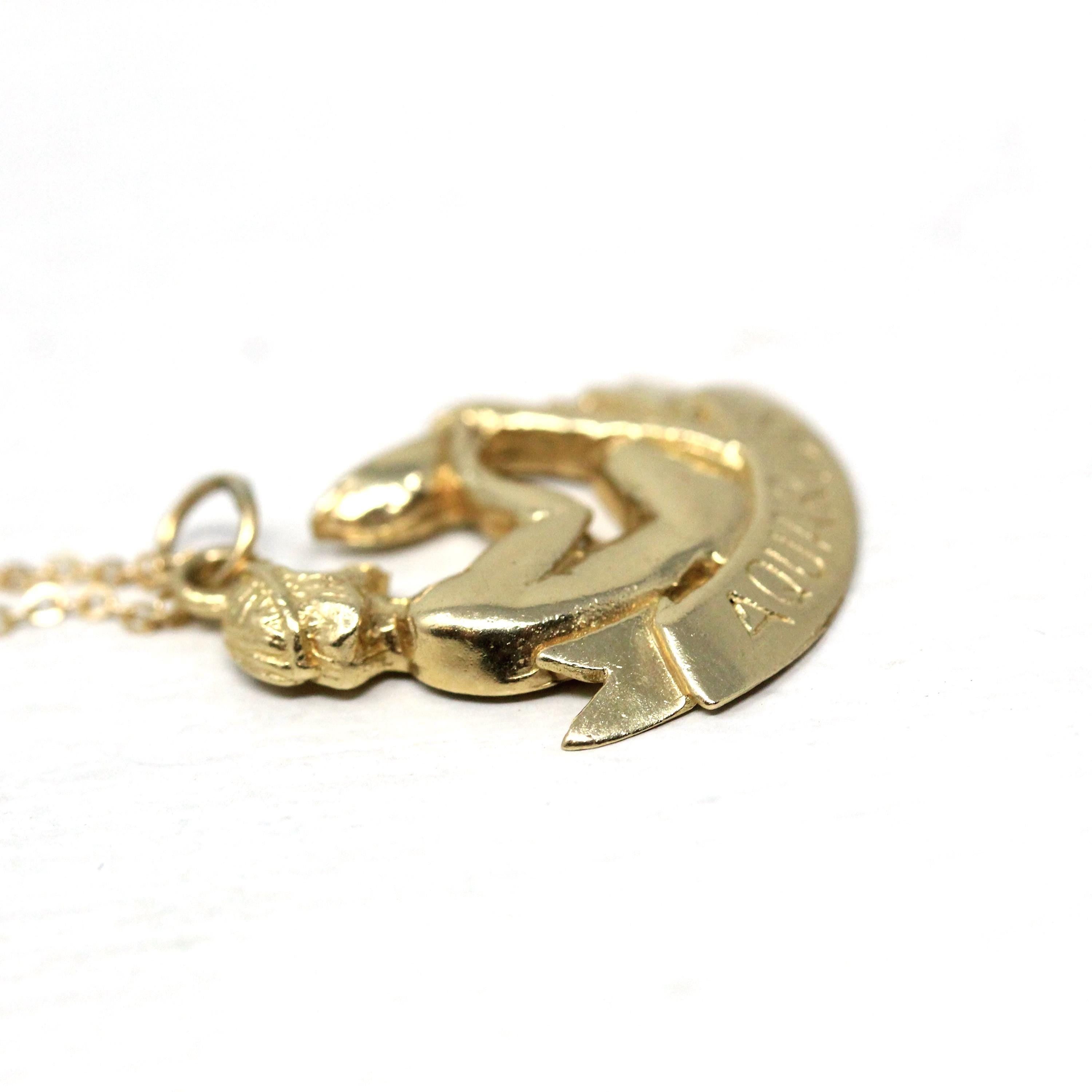 Vintage Aquarius Pendant - 1990s 14k Yellow Gold Water-Bearer Astrological Sign Necklace - Estate Zodiac Celestial Air Element Jewelry