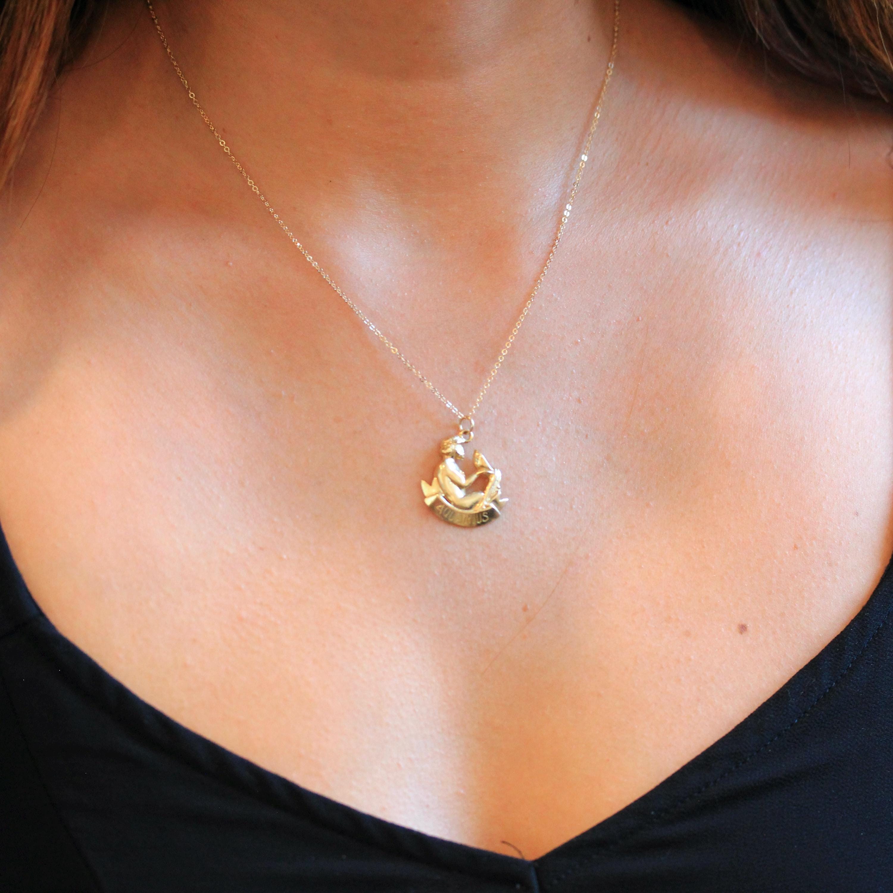 Vintage Aquarius Pendant - 1990s 14k Yellow Gold Water-Bearer Astrological Sign Necklace - Estate Zodiac Celestial Air Element Jewelry