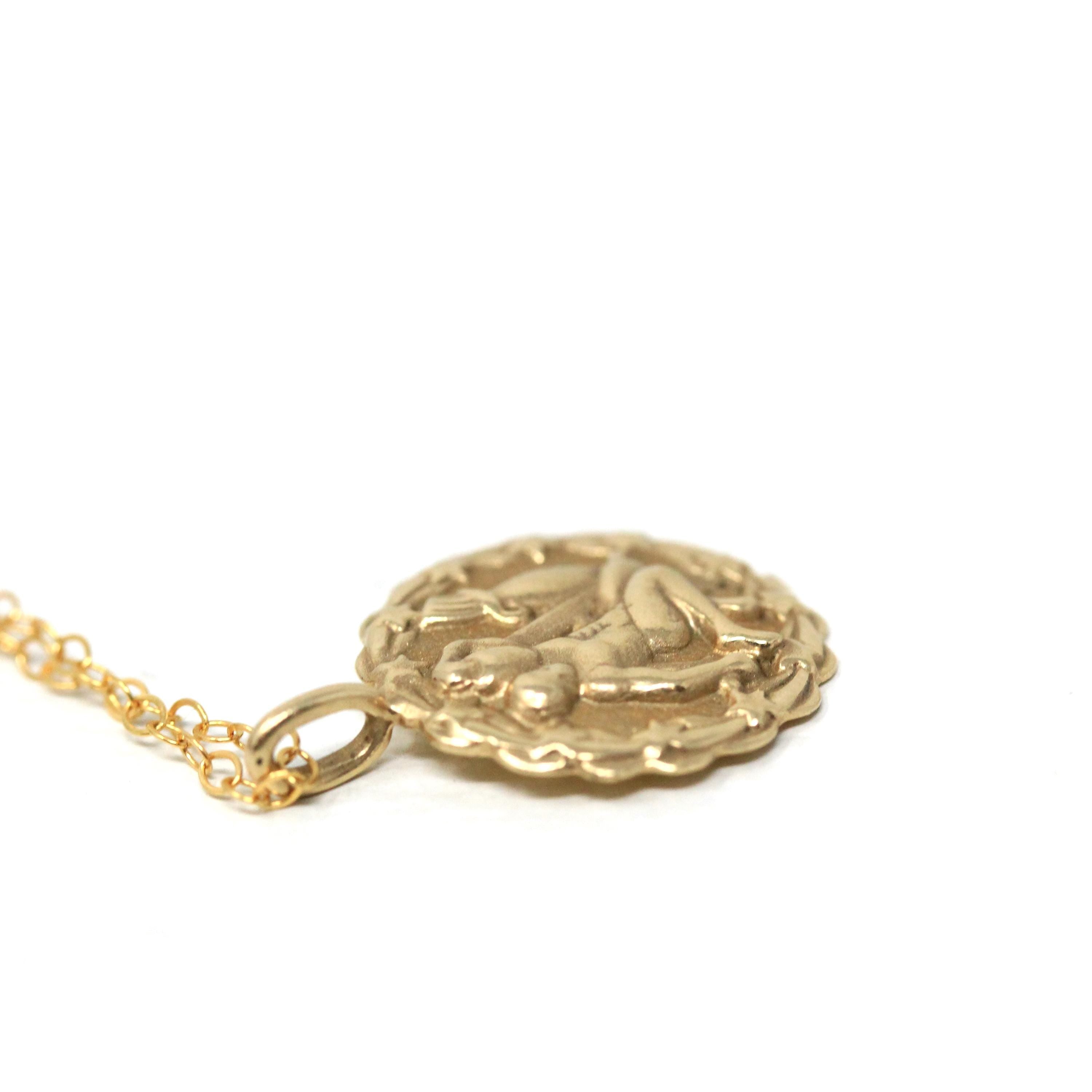 Vintage Aquarius Charm - Retro 14k Yellow Gold Water-Bearer Astrological Sign Pendant Necklace - Circa 1960s Era Zodiac Air Element Jewelry