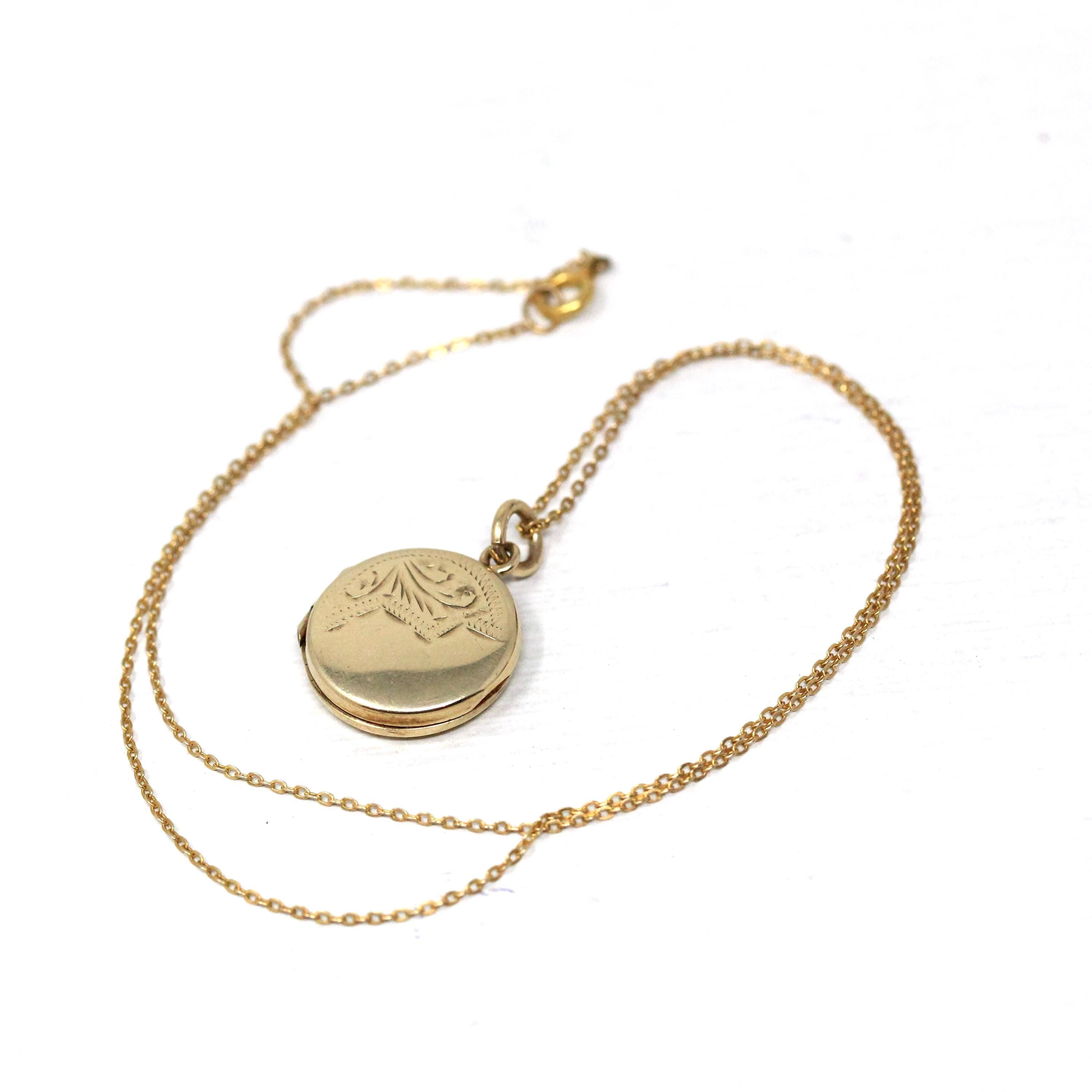 Vintage Photo Locket - Retro 9k Yellow Gold Round Keepsake Pendant Necklace - Circa 1963 1964 Era Floral Photograph Fine Birmingham Jewelry