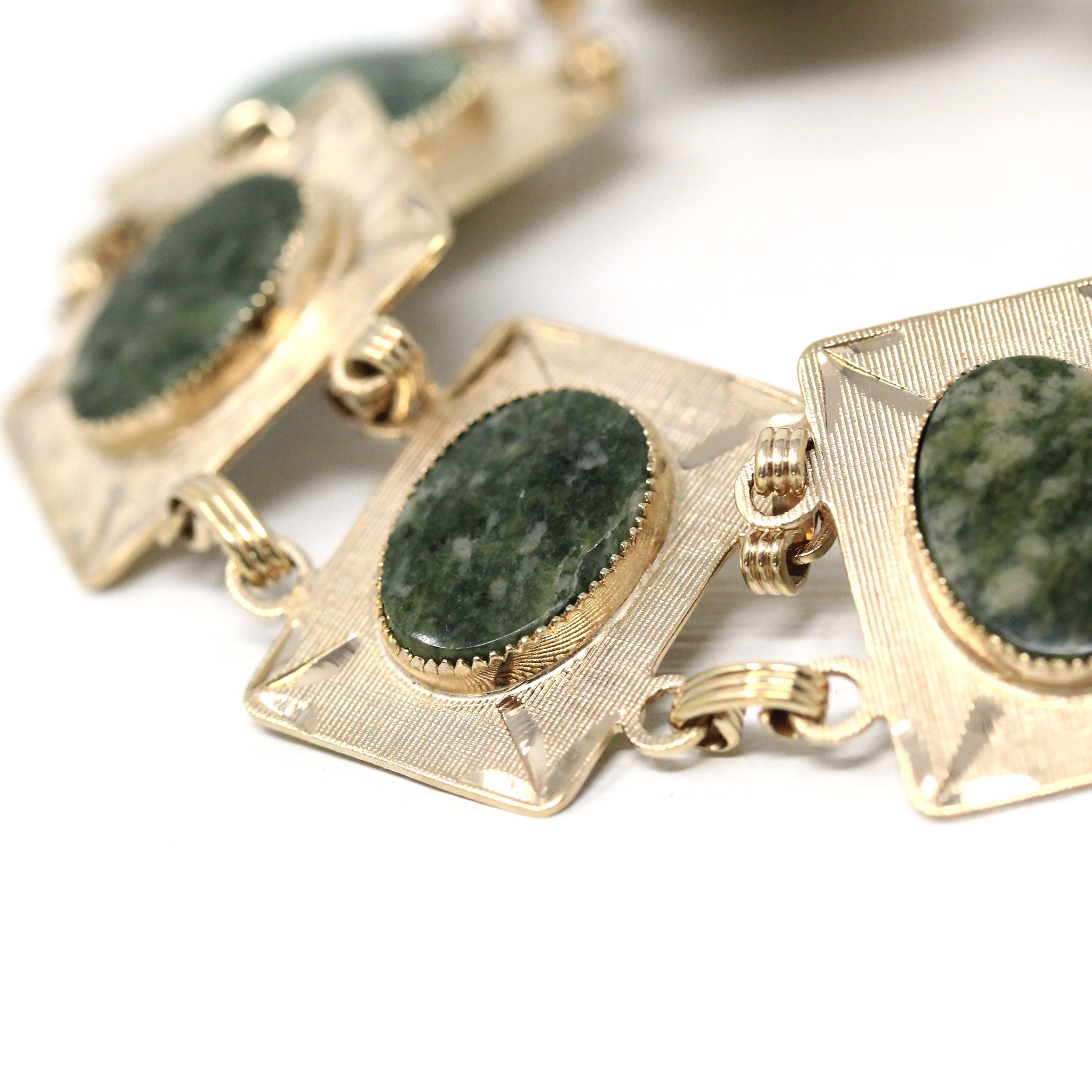 Nephrite Jade Bracelet - Retro 12k Gold Filled Genuine Oval Cabochon Cut Gemstones - Vintage 1960s Era 7 1/2 Inches Statement Panel Jewelry