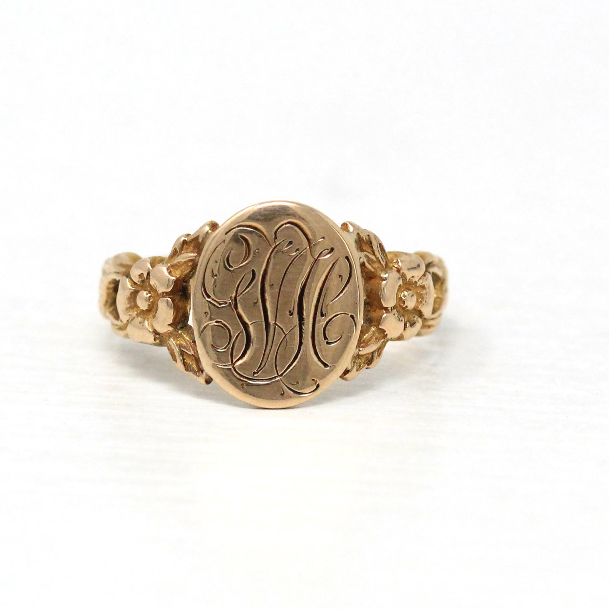 Antique Signet Ring - Edwardian 10k Rose Gold Engraved Initials "GVC" Letters - Vintage Circa 1900s Era Size 5 1/4 Monogrammed Fine Jewelry