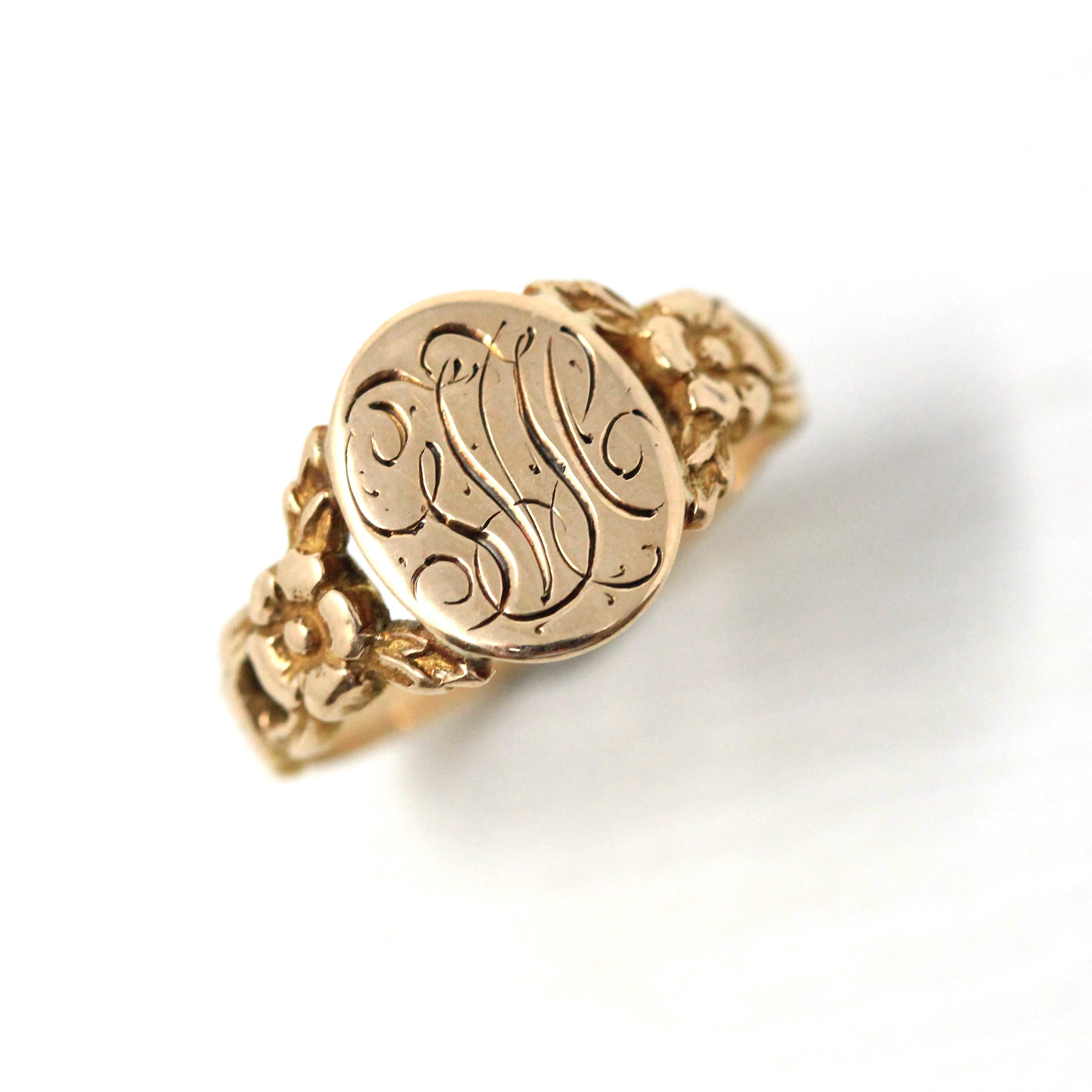 Antique Signet Ring - Edwardian 10k Rose Gold Engraved Initials "GVC" Letters - Vintage Circa 1900s Era Size 5 1/4 Monogrammed Fine Jewelry