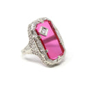 Created Ruby Ring - Art Deco 14k White Gold Genuine .05 CT Diamond - Vintage Circa 1930s Era Size 4 1/2 July Birthstone Peacock Fine Jewelry