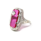 Created Ruby Ring - Art Deco 14k White Gold Genuine .05 CT Diamond - Vintage Circa 1930s Era Size 4 1/2 July Birthstone Peacock Fine Jewelry