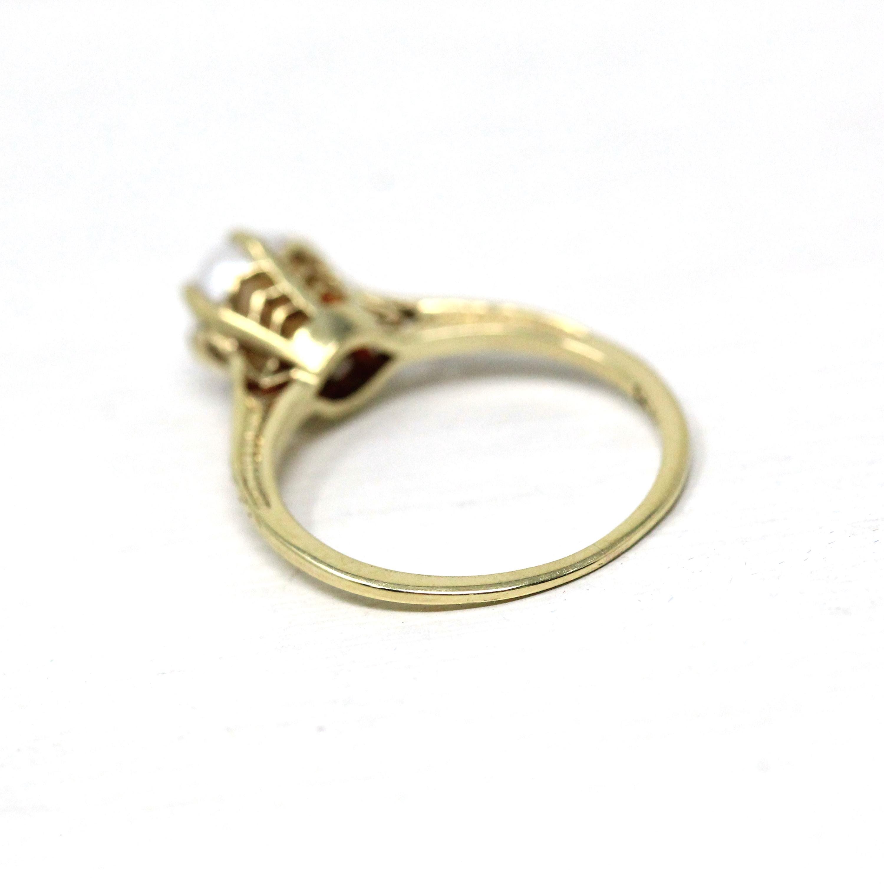 Cultured Pearl Ring - Art Deco 14k Yellow Gold Basket Wheat Designs - Vintage Circa 1930s Era Size 5 Solitaire June Birthstone Fine Jewelry