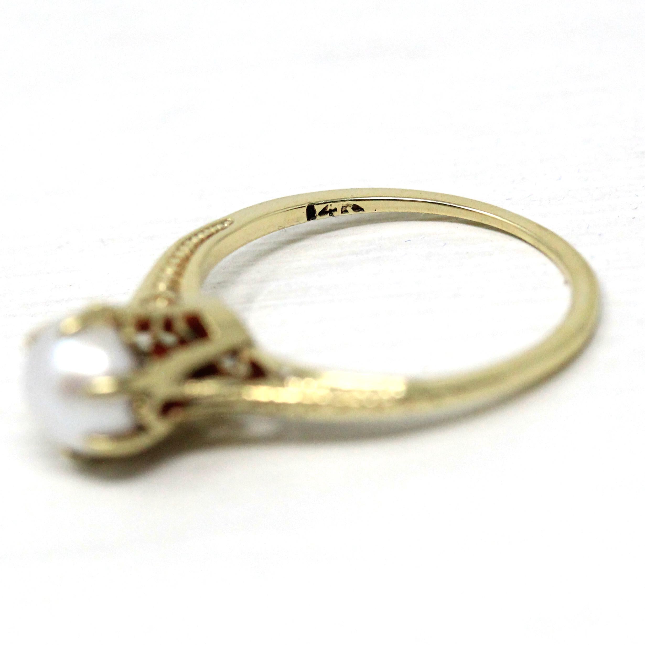 Cultured Pearl Ring - Art Deco 14k Yellow Gold Basket Wheat Designs - Vintage Circa 1930s Era Size 5 Solitaire June Birthstone Fine Jewelry