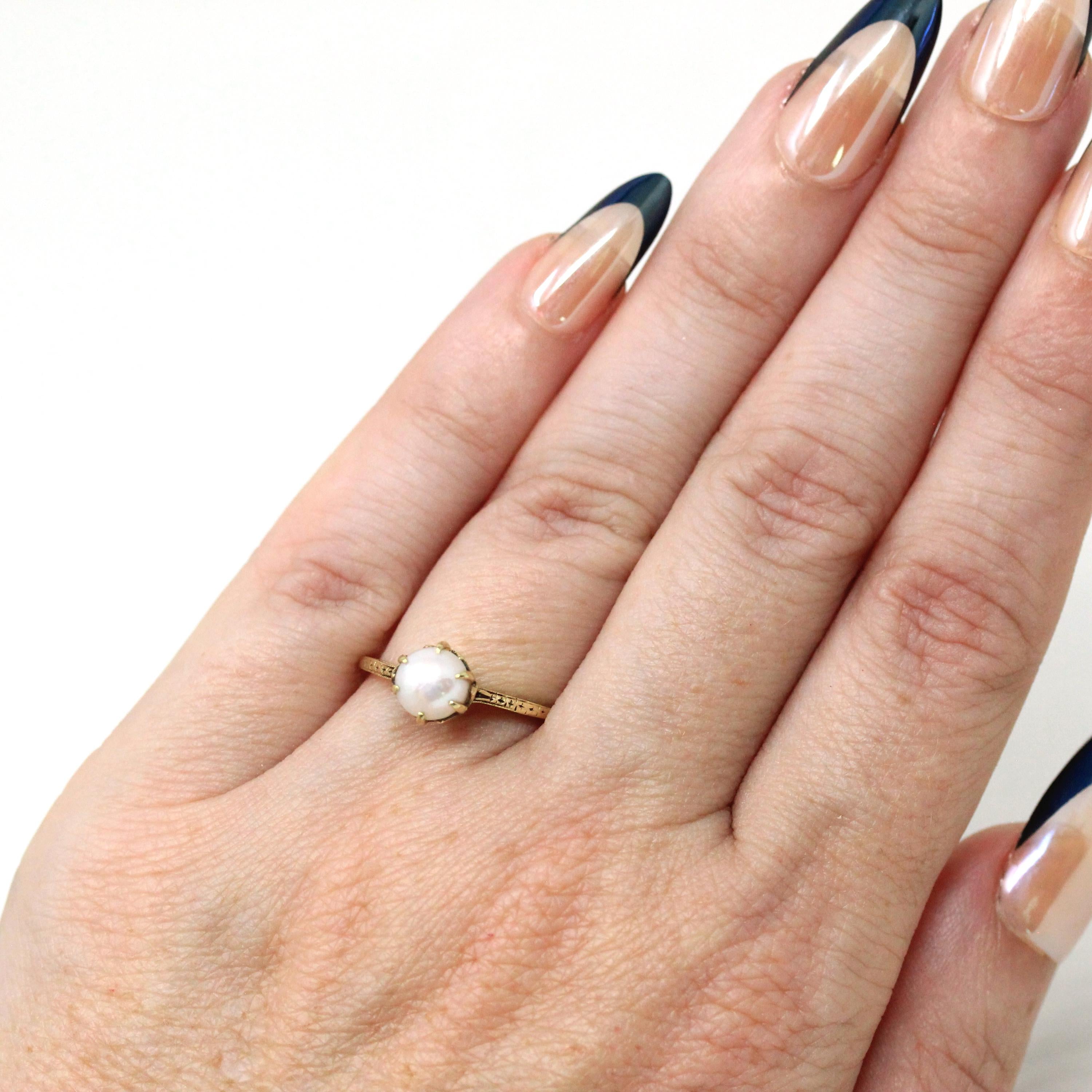 Cultured Pearl Ring - Art Deco 14k Yellow Gold Basket Wheat Designs - Vintage Circa 1930s Era Size 5 Solitaire June Birthstone Fine Jewelry