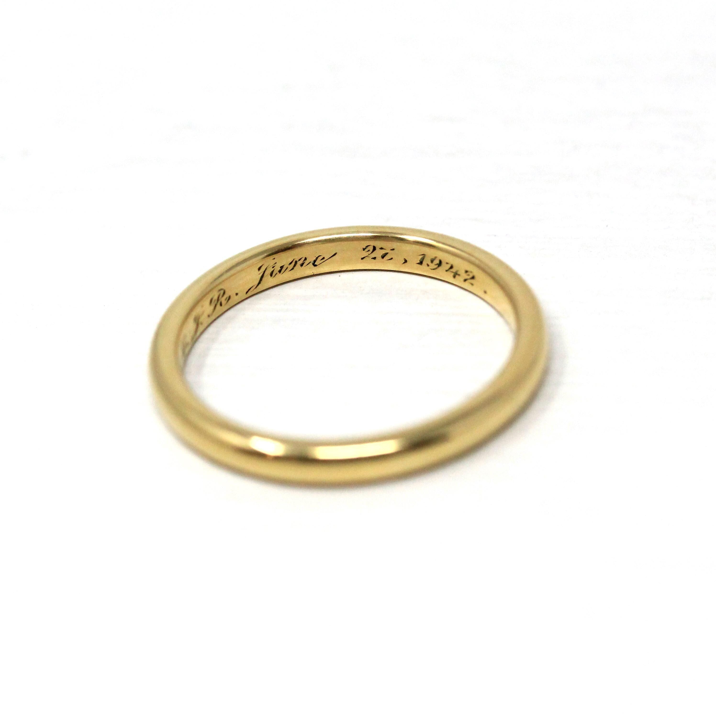 Dated 1942 Band - Late Deco Early Retro Era 18k Yellow Gold Comfort Fit 2.3 MM Band - Vintage Size 5 1/2 Fine Inscribed 40s Wedding Jewelry