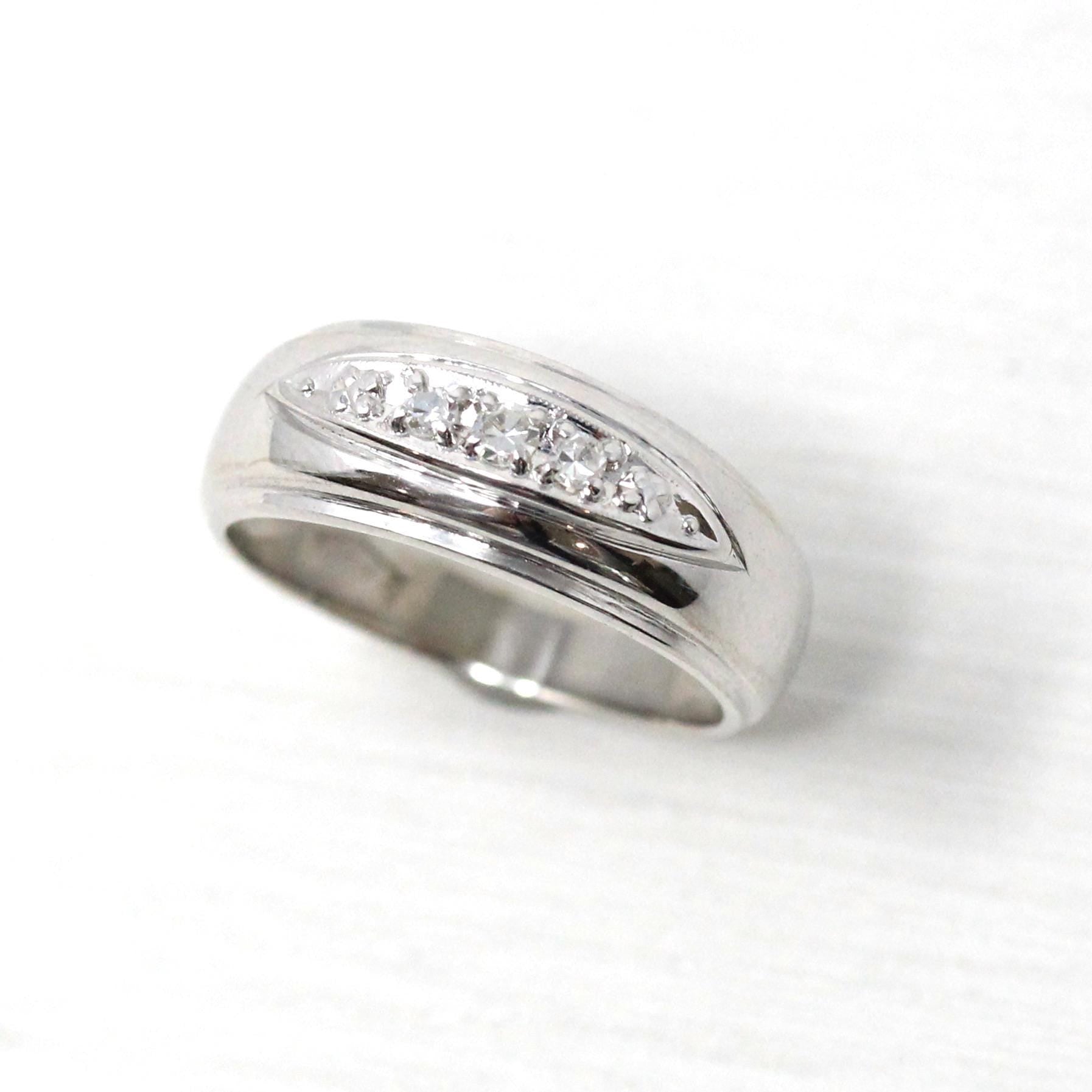 Vintage Wedding Band - Retro 14k White Gold Genuine .08 CTW Diamonds Ring - Circa 1960s Era Size 4 3/4 Tapered Fine Unisex Bridal Jewelry