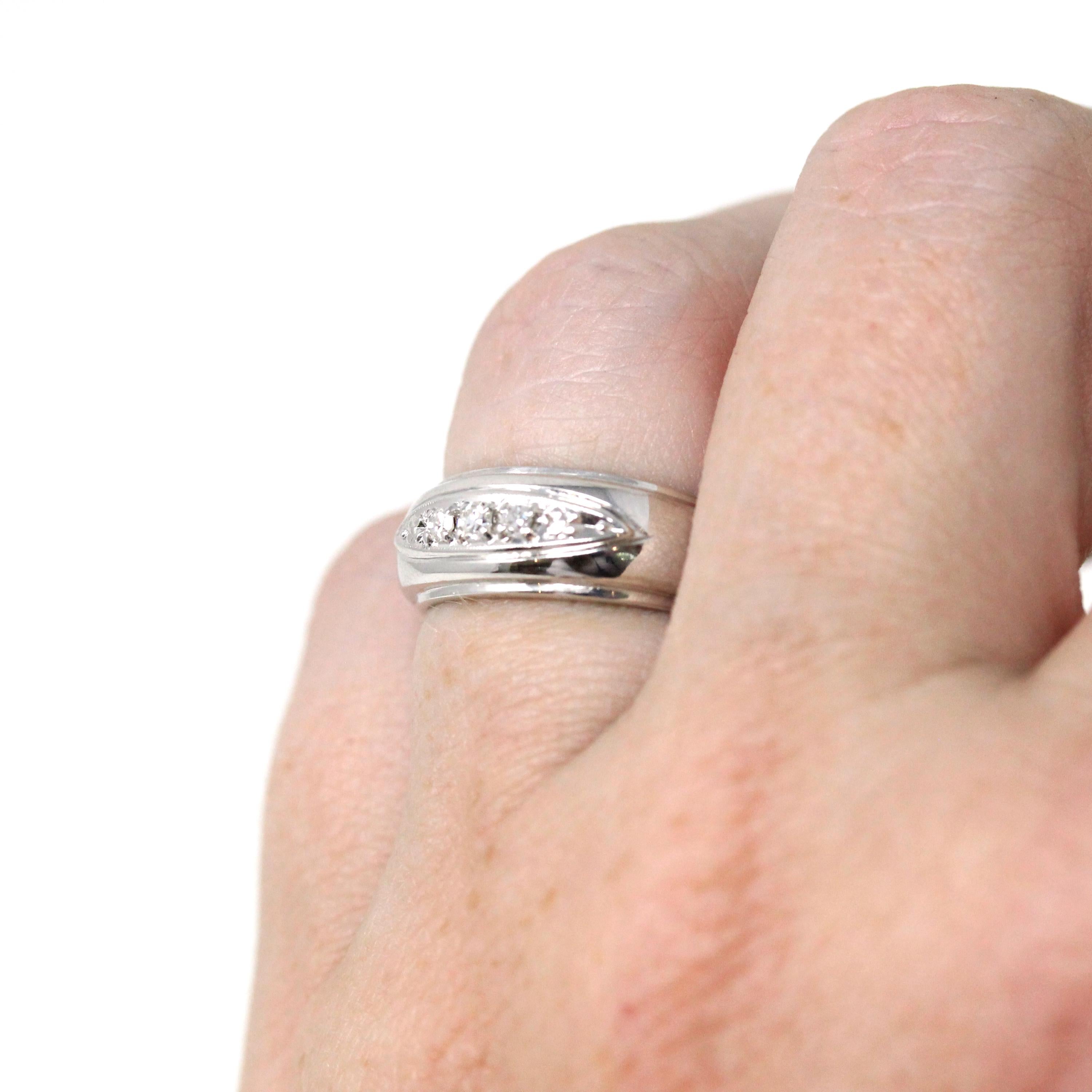 Vintage Wedding Band - Retro 14k White Gold Genuine .08 CTW Diamonds Ring - Circa 1960s Era Size 4 3/4 Tapered Fine Unisex Bridal Jewelry