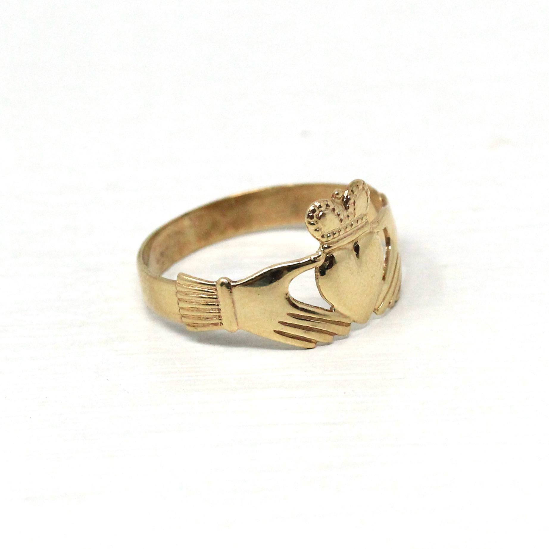 Gold Claddagh Ring - Modern 9k 375 Irish Hands Heart Crown Band - Estate Size 11 1/4 Made in Ireland Wedding Band Unisex Friendship Jewelry