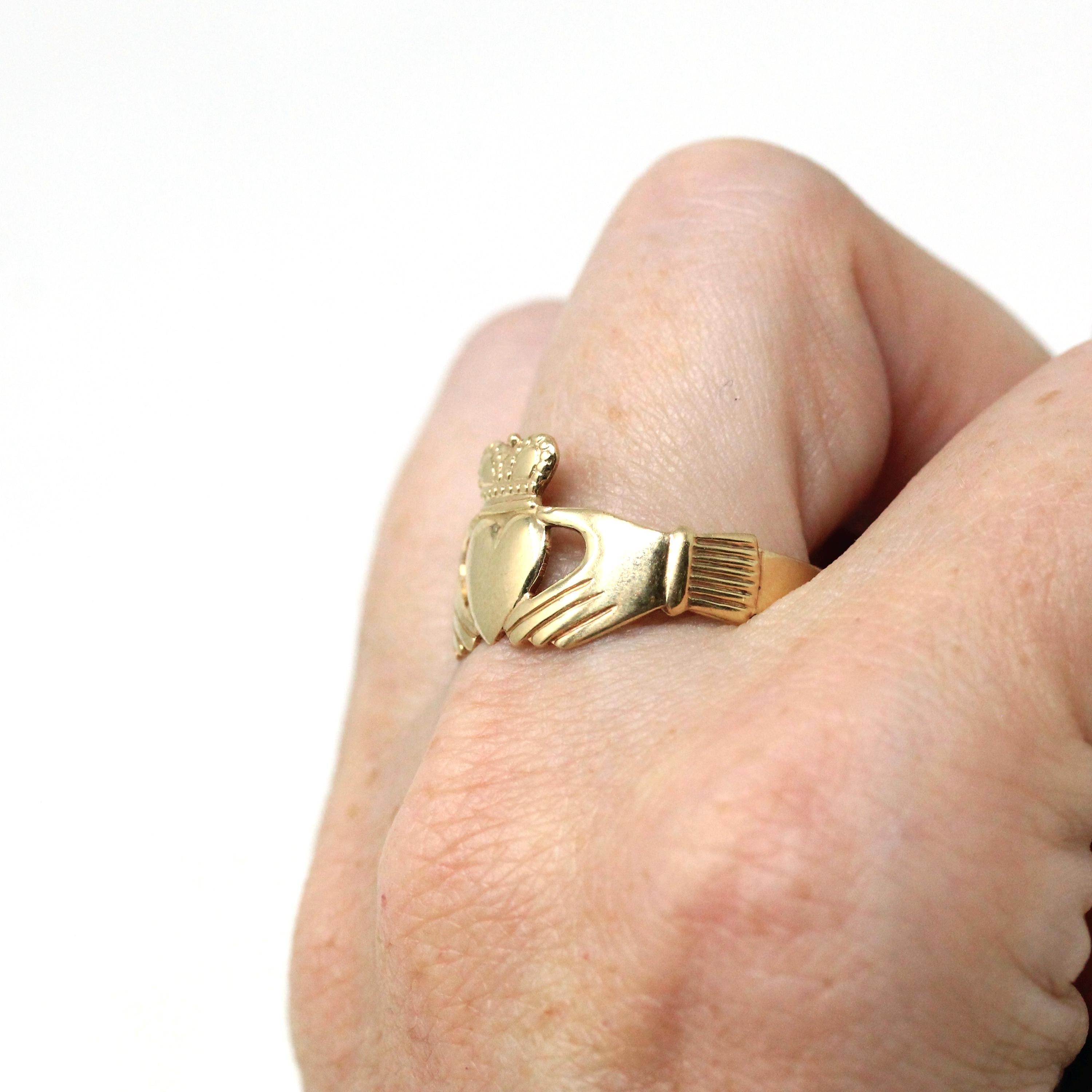 Gold Claddagh Ring - Modern 9k 375 Irish Hands Heart Crown Band - Estate Size 11 1/4 Made in Ireland Wedding Band Unisex Friendship Jewelry