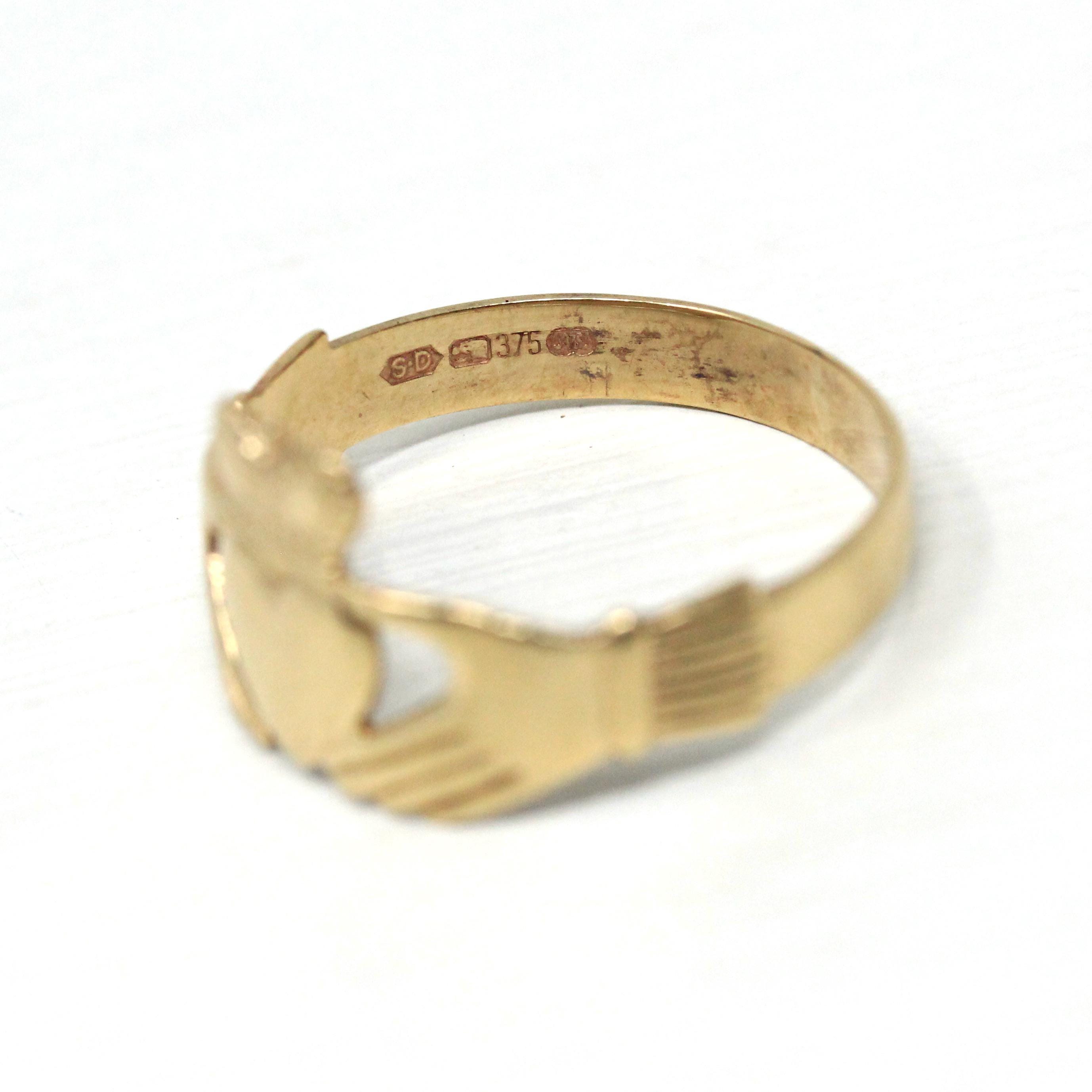 Gold Claddagh Ring - Modern 9k 375 Irish Hands Heart Crown Band - Estate Size 11 1/4 Made in Ireland Wedding Band Unisex Friendship Jewelry