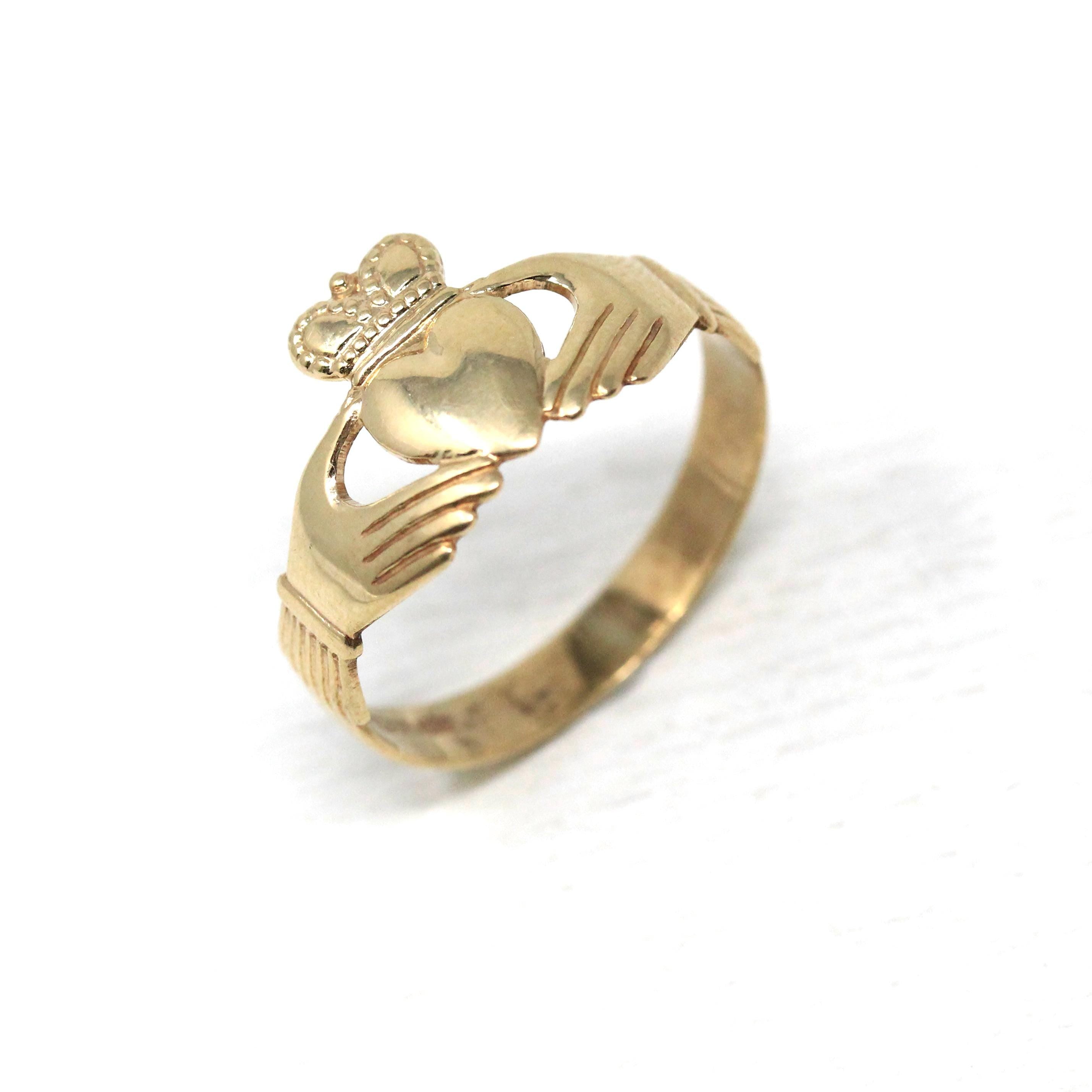 Gold Claddagh Ring - Modern 9k 375 Irish Hands Heart Crown Band - Estate Size 11 1/4 Made in Ireland Wedding Band Unisex Friendship Jewelry