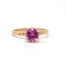 Created Pink Sapphire Ring - Art Deco 10k Yellow Gold Round Faceted Stone - Vintage Circa 1930s Era Size 3 3/4 Flower Motif Fine 30s Jewelry