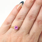 Created Pink Sapphire Ring - Art Deco 10k Yellow Gold Round Faceted Stone - Vintage Circa 1930s Era Size 3 3/4 Flower Motif Fine 30s Jewelry