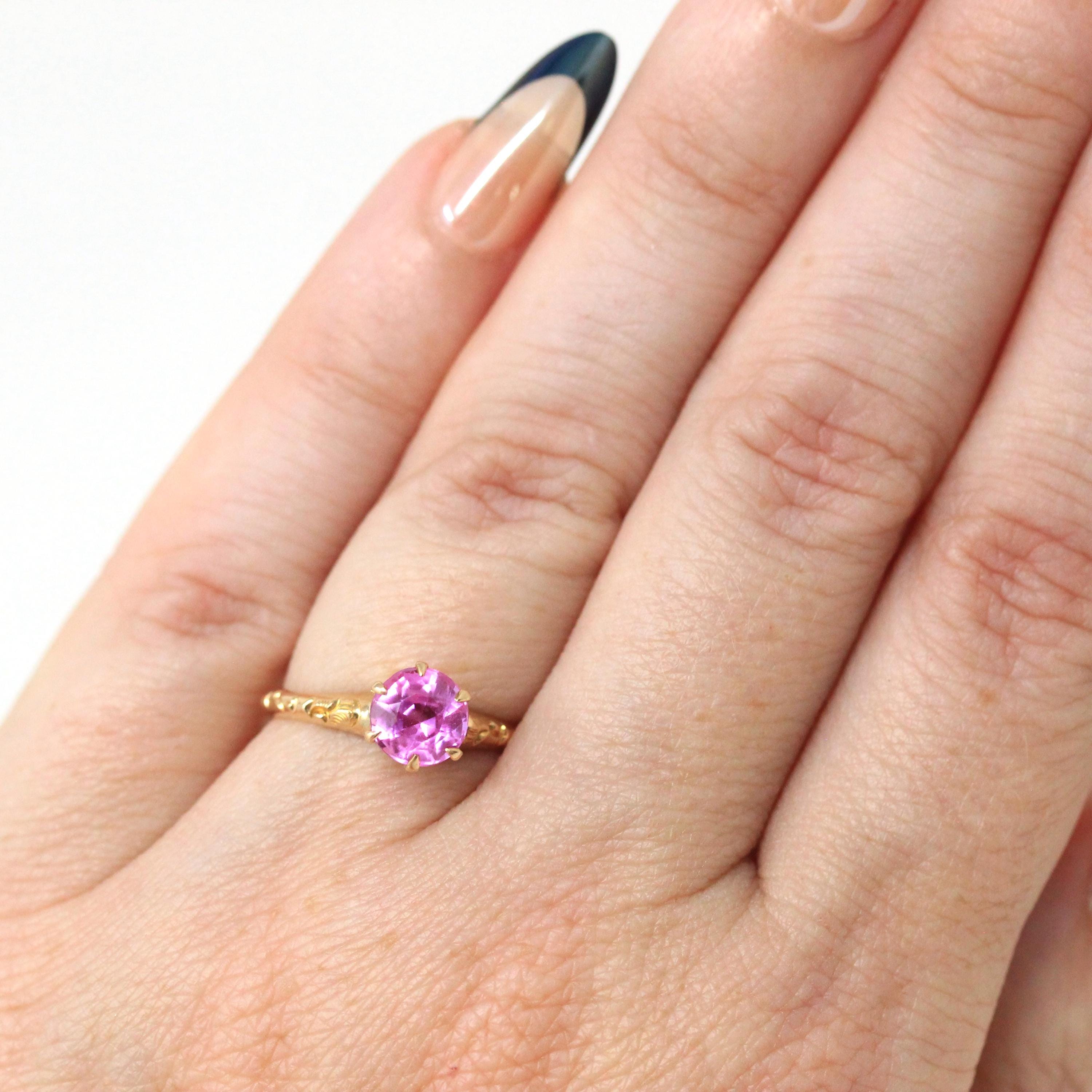 Created Pink Sapphire Ring - Art Deco 10k Yellow Gold Round Faceted Stone - Vintage Circa 1930s Era Size 3 3/4 Flower Motif Fine 30s Jewelry