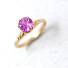 Created Pink Sapphire Ring - Art Deco 10k Yellow Gold Round Faceted Stone - Vintage Circa 1930s Era Size 3 3/4 Flower Motif Fine 30s Jewelry