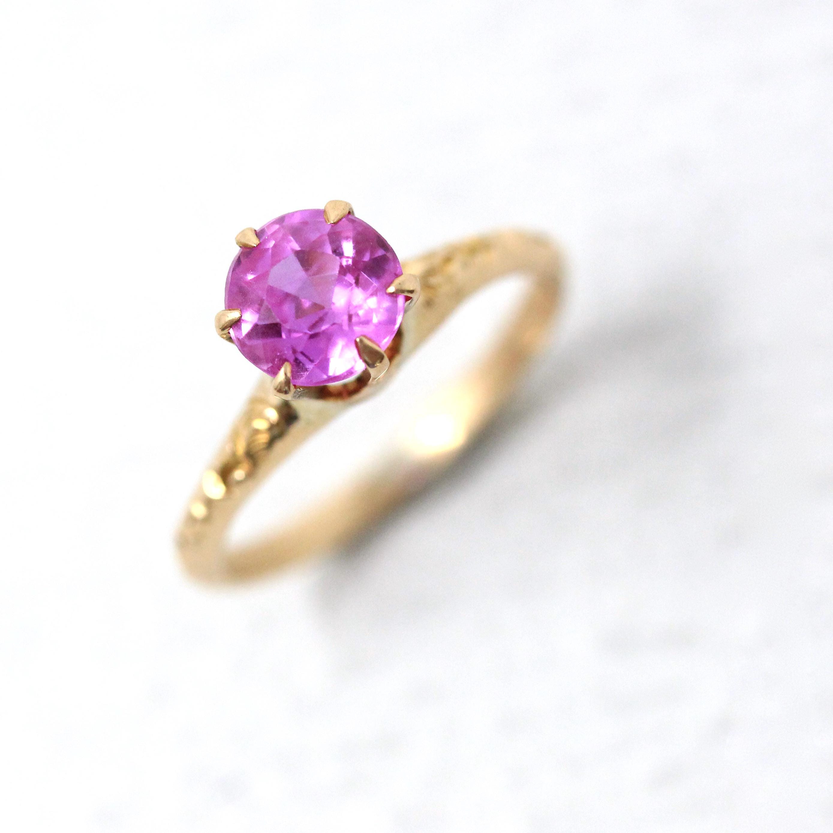 Created Pink Sapphire Ring - Art Deco 10k Yellow Gold Round Faceted Stone - Vintage Circa 1930s Era Size 3 3/4 Flower Motif Fine 30s Jewelry