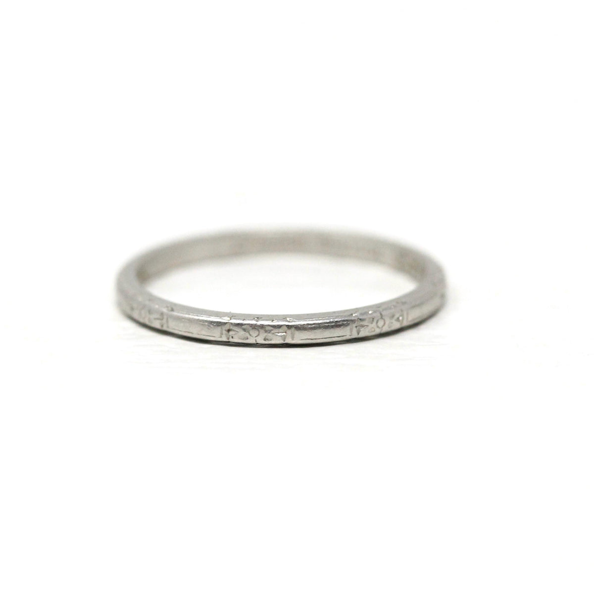 Art Deco Wedding Band - Antique Platinum Engraved Flower Eternity Designs Ring - Vintage 1920s Size 4 1/2 WWR and MC Initials Fine Jewelry
