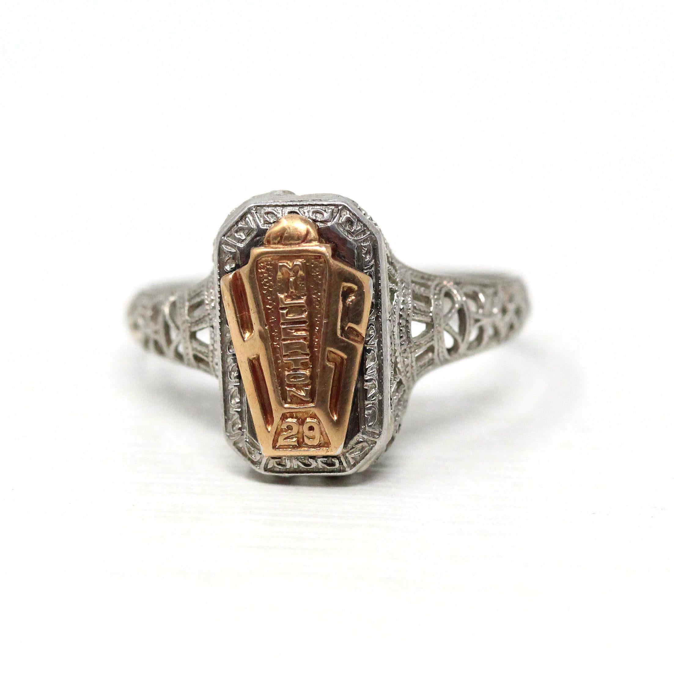 Dated 1929 Ring - Art Deco 10k White & Rose Gold High School Filigree Signet - Vintage Size 7 Statement Millerton Keepsake Souvenir Jewelry